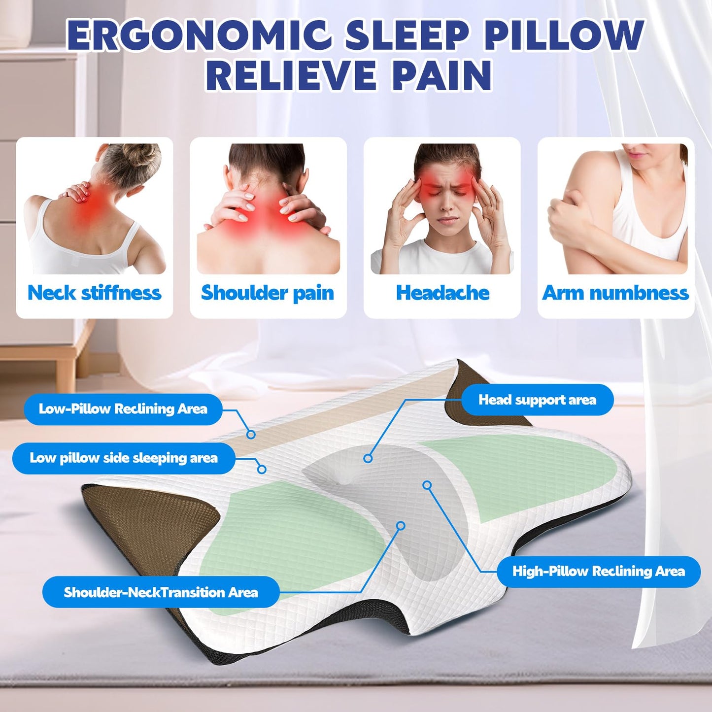 Keaolotay Cervical Neck Pillow for Sleeping Ergonomic Sleep Apnea Pillow with Memory Foam Neck Support Pillow for Back Side Stomach Sleepers with Pillowcase (Black)