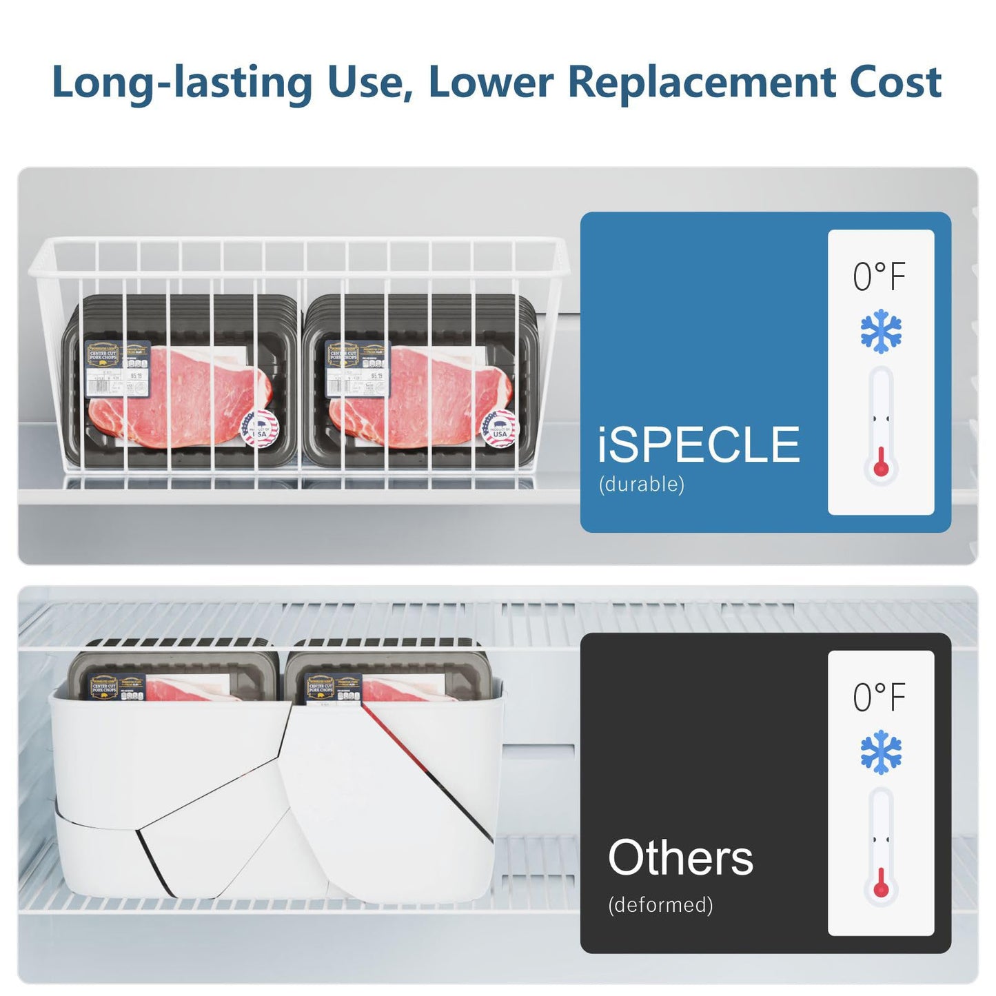 iSPECLE Upright Freezer Organizer Bins - Fits 14 to 15.5 Cu.Ft Stand up Freezer, 4 Pack Medium Upright Baskets, High-Sided Easy-View Design for Better Airflow, White
