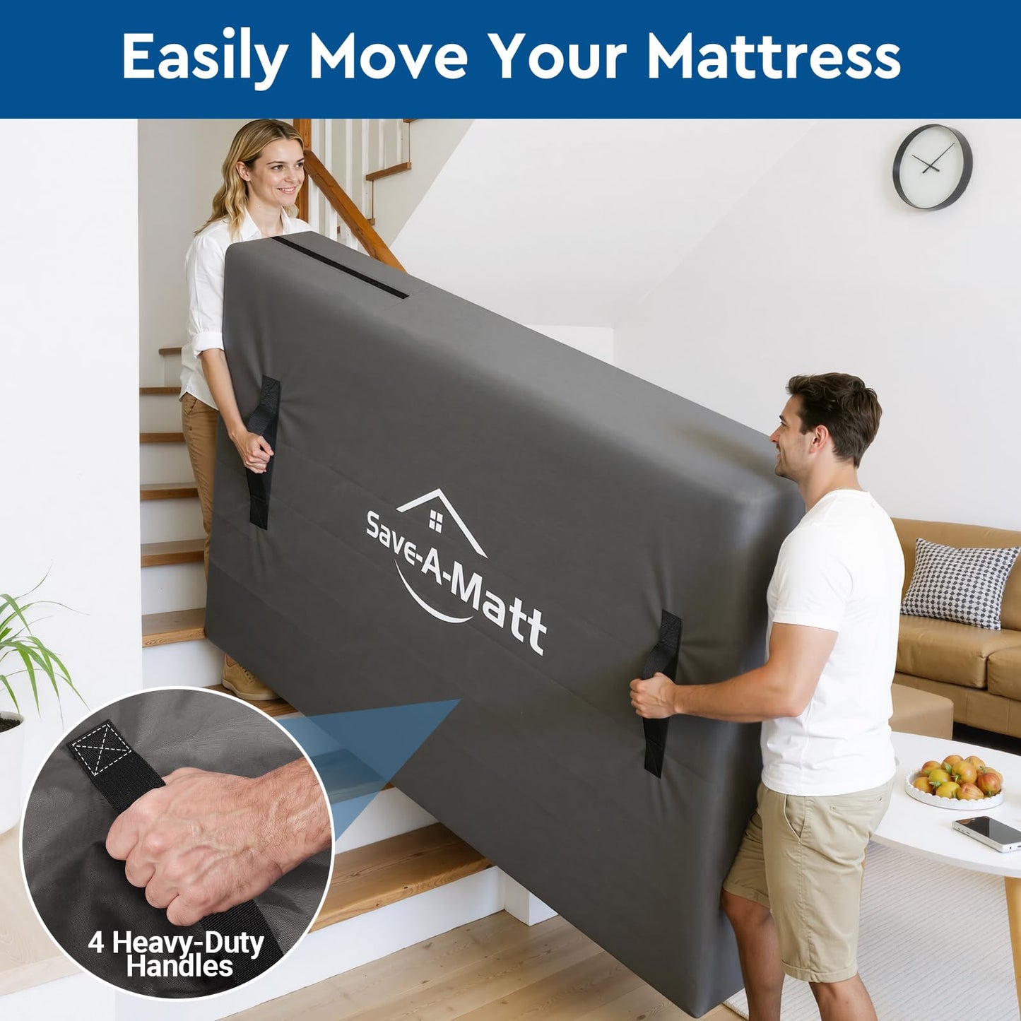SaveAMatt Mattress Bags for Moving and Storage, Mattress Protector Cover with 4 Heavy-Duty Handles & Strong Zipper, Extra Thick Reusable Mattress Moving Supplies, Queen Size, Gray