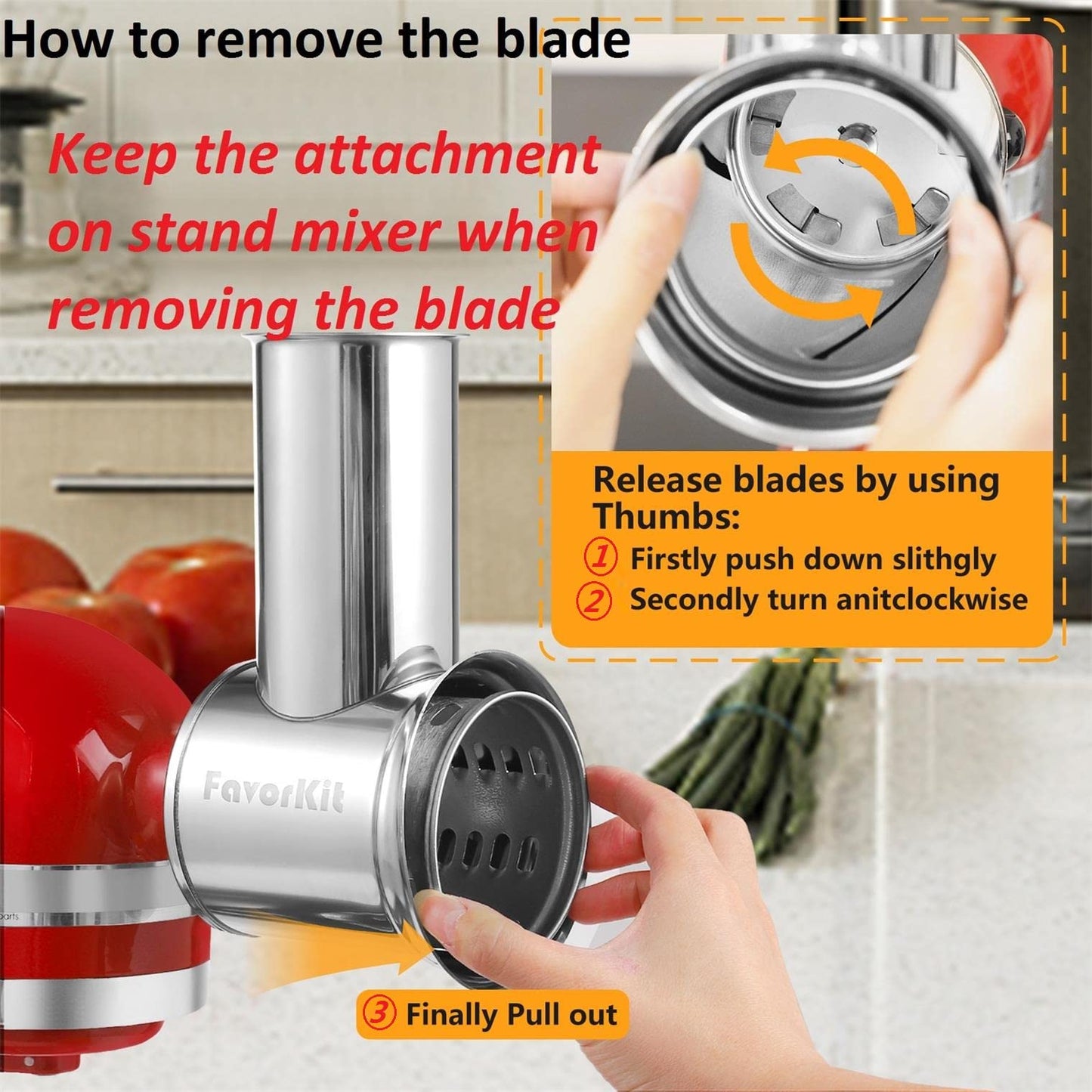 FavorKit Slicer Shredder Attachment for KitchenAid Mixers, Stainless Steel Cheese Grater Vegetable Salad Maker Accessories with 3 Cutting Blades,Dishwasher Safe!