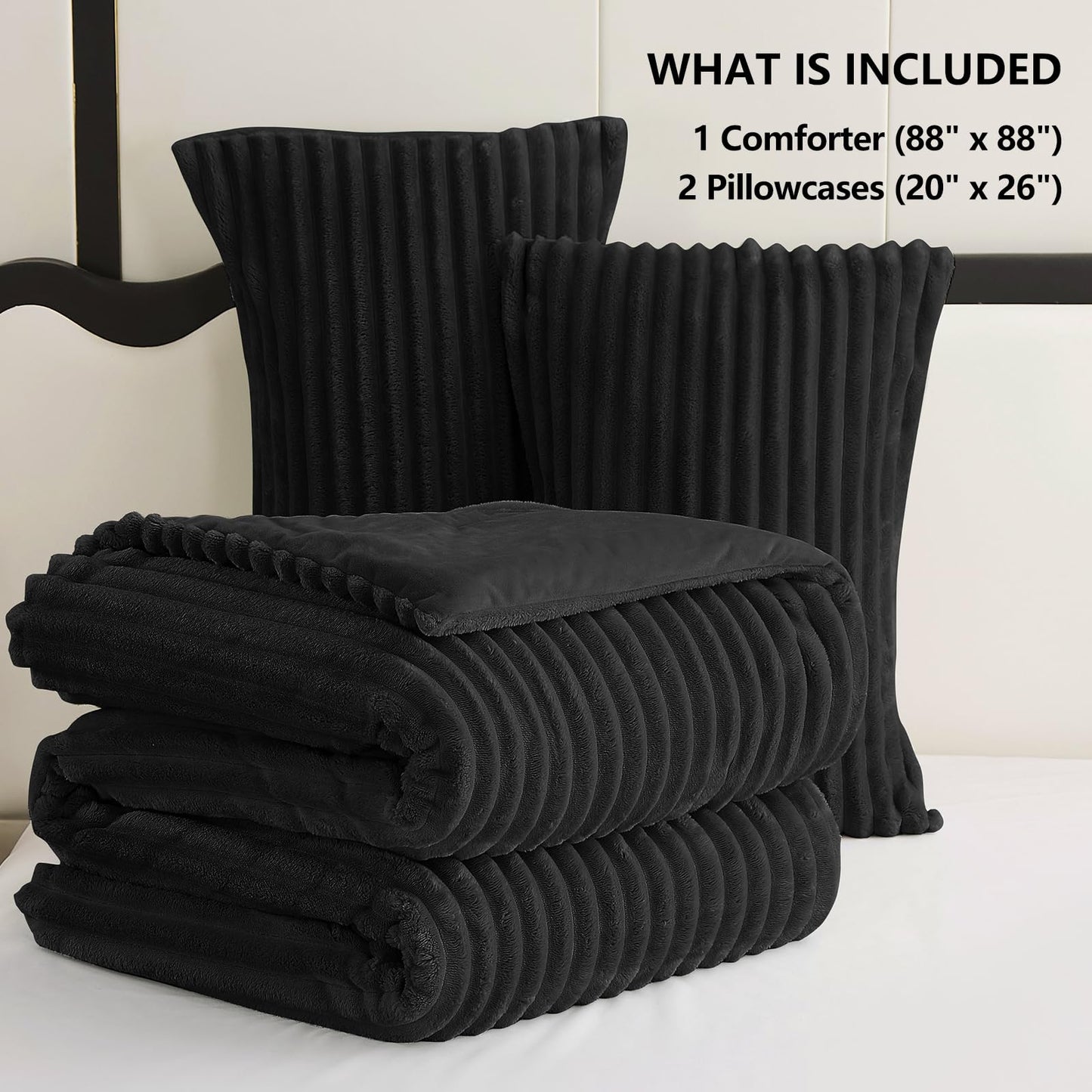 CozyLux Fluffy Queen Comforter Set - Super Soft Faux Fur Black Comforter Queen Size, Winter Warm Fleece Bedding Set, 3 Pieces Plush Fuzzy Bed Set (1 Shaggy Comforter, 2 Pillowcases)