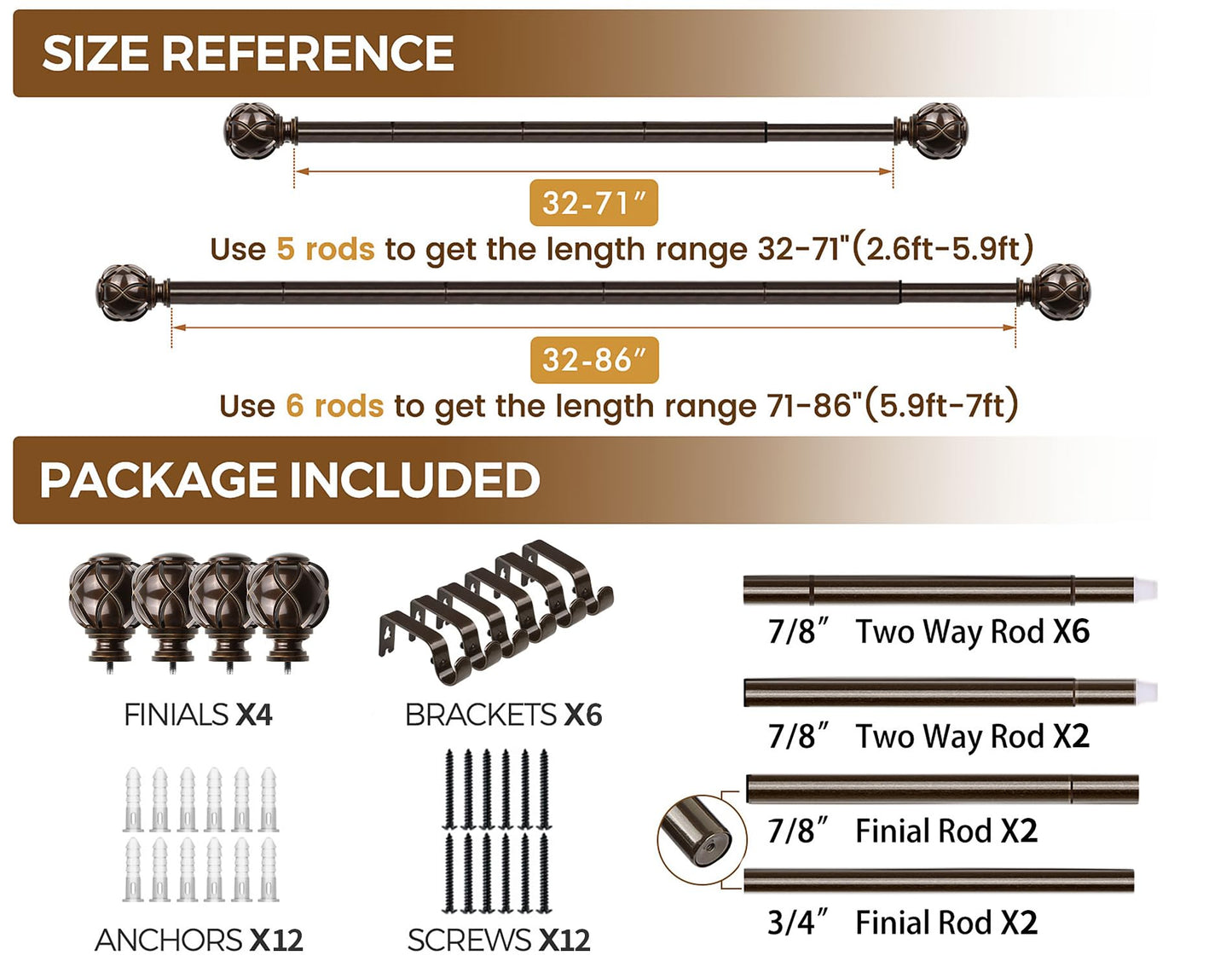 KAMANINA 2 Pack Curtain Rods for Windows 48 to 84 Inch, Antique Bronze Heavy Duty Curtain Rod Adjustable, 7/8 Inch Single Decorative Drapery Rods 32 to 86 Inch(2.6-7.1Ft), Netted Texture Finials