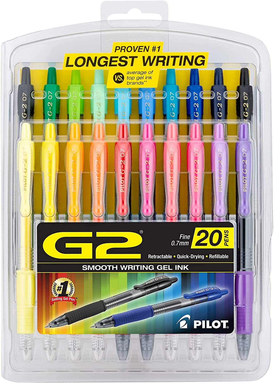 Pilot G2 Premium Refillable and Retractable Gel Ink Pens Fine Point (0.7mm), Retractable Pens, Assorted Colors, 20 Count