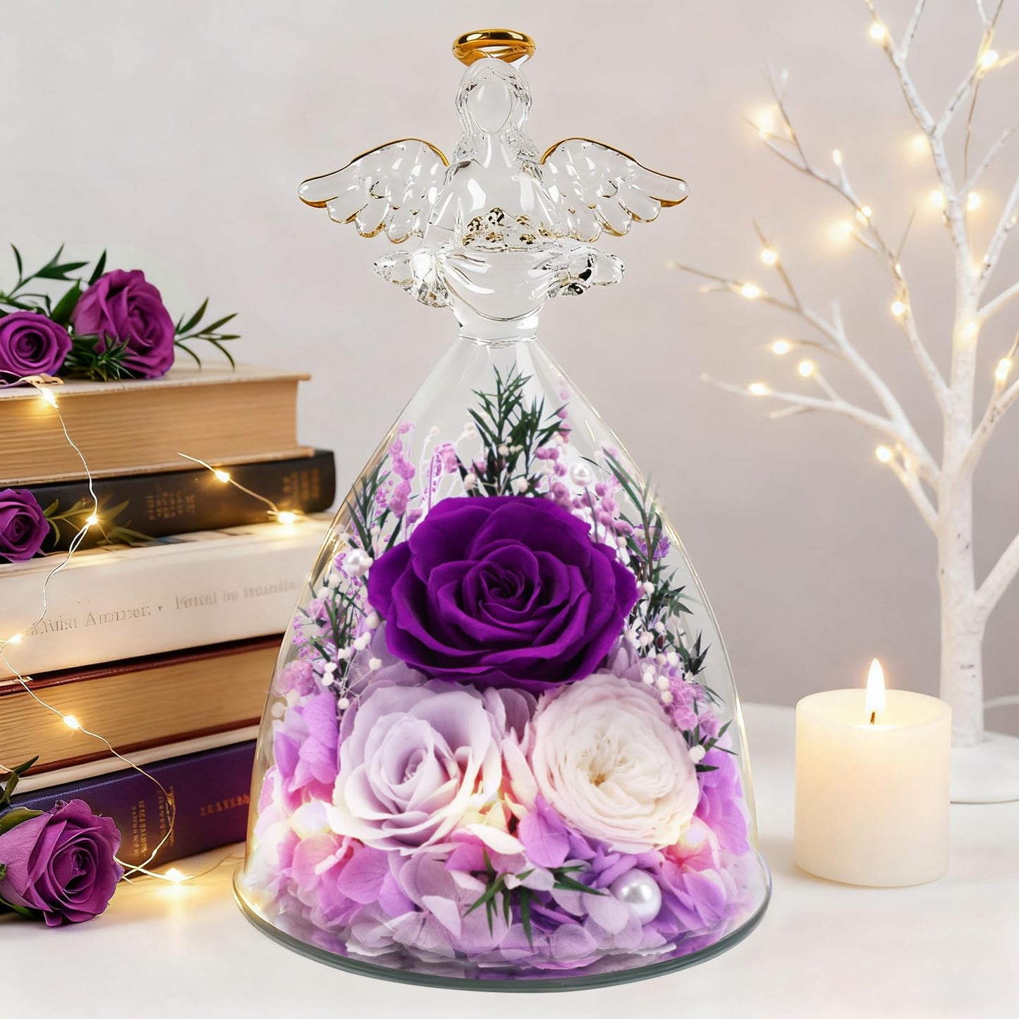 Casaido Mothers Day Rose Gifts for Women, 7" Purple Preserved Roses Flowers in Glass Angel Figurine, Birthday Gift for Mom Wife Grandma, Eternal Rose for Valentines Christmas Anniversary