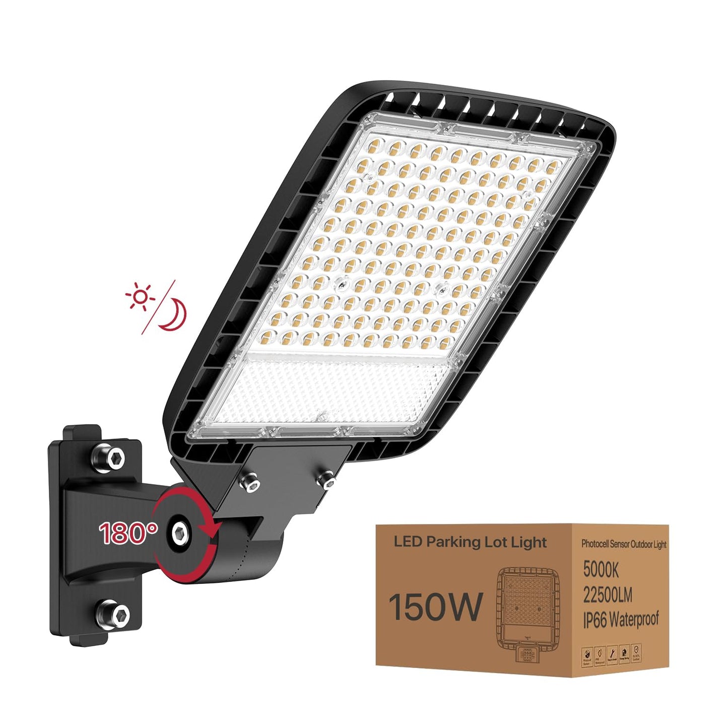 150W Parking Lot Light, LED Flood Light Outdoor 22500LM 5000K Adjustable Arm Mount LED Street Light with Dusk to Dawn Photocell 120V IP65 Waterproof LED Shoebox Light Outside for Yard Warehouse Barn