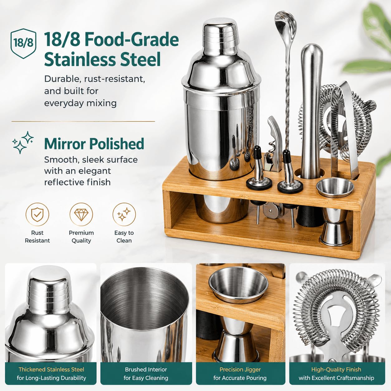 Cocktail Shaker Set, 18/8 Food-Grade Stainless Steel Mixology Bartender Kit 10-Piece Bar Tools with Stylish Bamboo Stand - Rust-Proof & Dishwasher Safe - Professional Martini Shaker Gift for Men, Dad