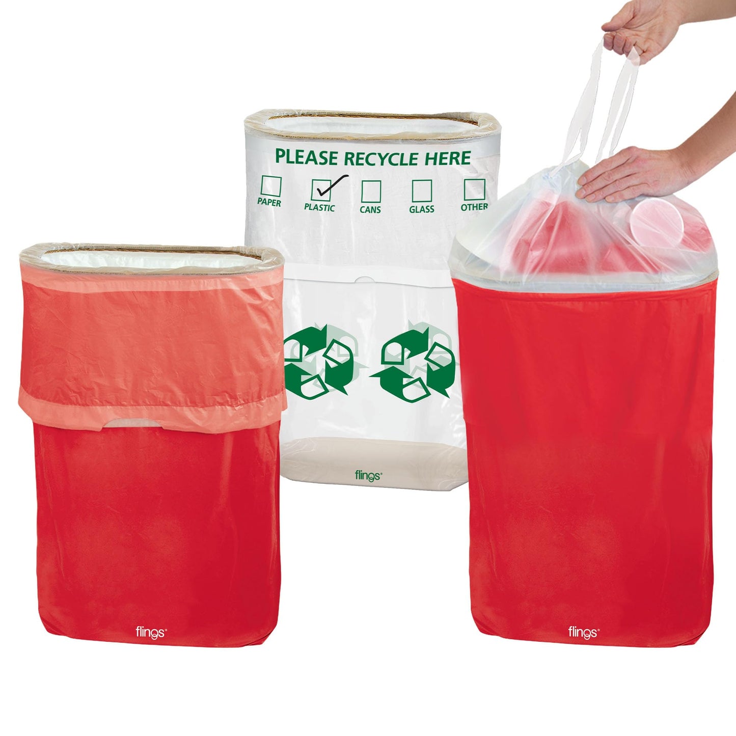 Party City Flings Plastic Bin (3-Pack) - Red (2) and Recycle (1) - 22 x 15 - Stylish & Convenient Portable Waste Solution for Events & Parties