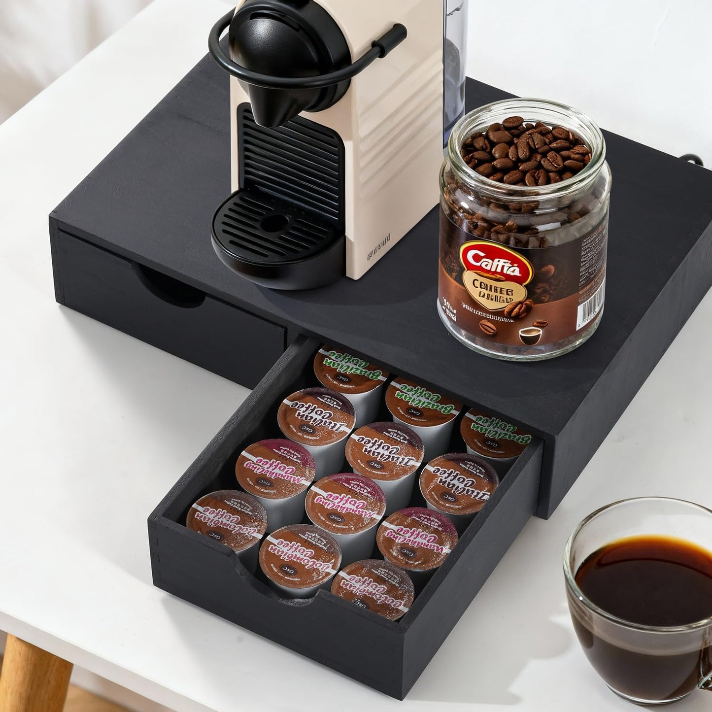 QYJinlida Wooden K Cup Organizer Coffee Pod Storage Box, Coffee Pod and Tea Bag Holder,Kcup Drawer Coffee Maker Stand,Home Kitchen Counter Holds Up to 30 Pods Capacity (2 Drawer) (Elegant Black)