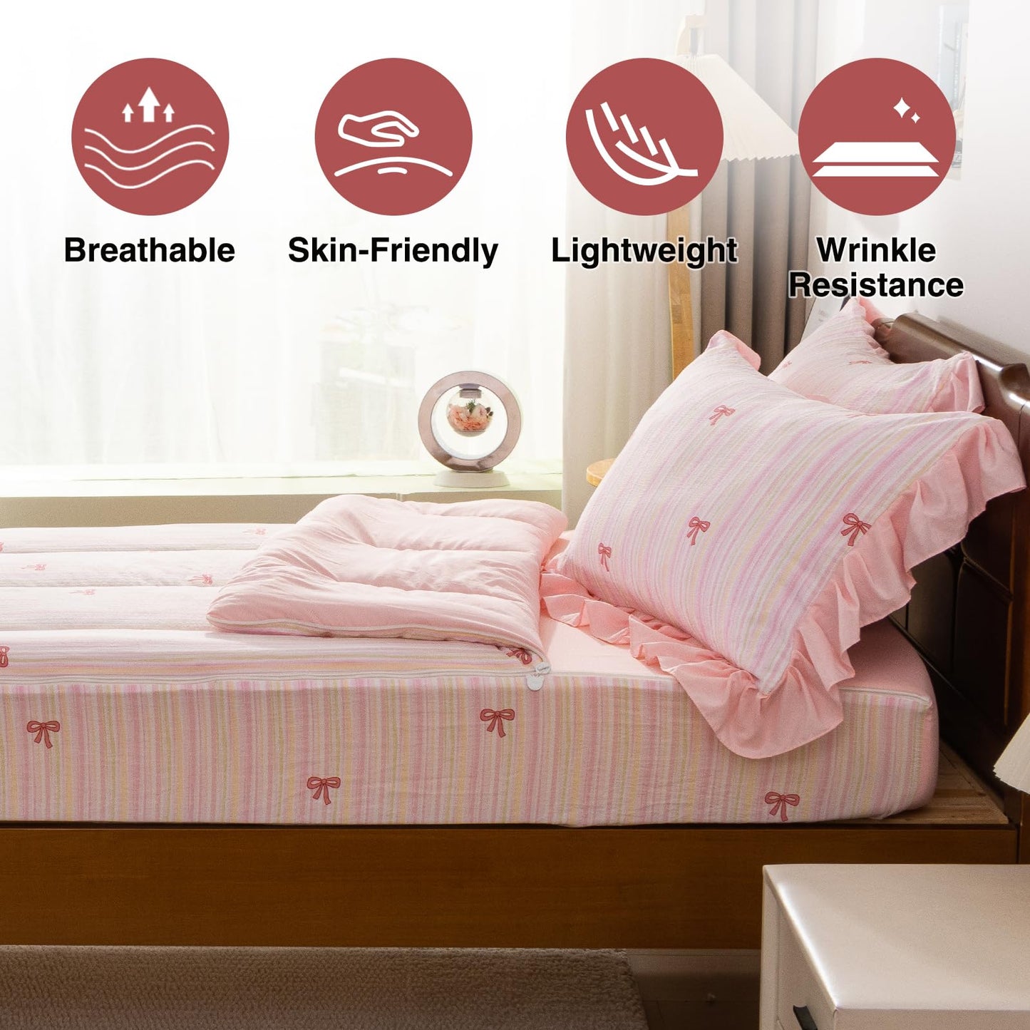 A Nice Night Zipper Bedding Pink Bow Printed on Colorful Rainbow Background Zippered Kids Comforter Set,Seersucker Chic Style Ultra Soft,Twin