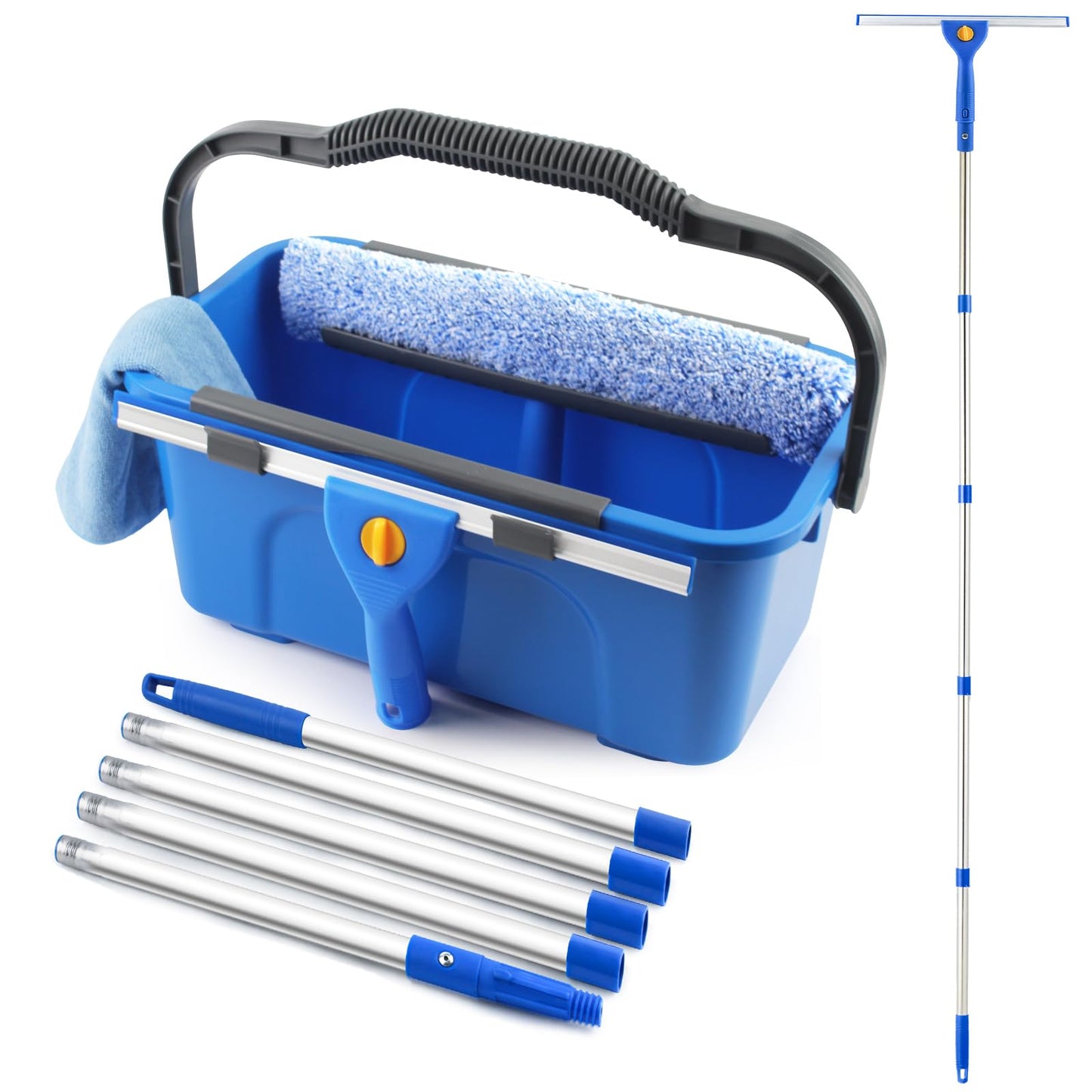 Professional Window Cleaning Kit with Bucket 3 Gallon, 76" Long Handle Window Squeegee and Microfiber Scrubber, High Windows Washing Equipment, Window Cleaner Tool for Commercial, Home, Outdoor, Car