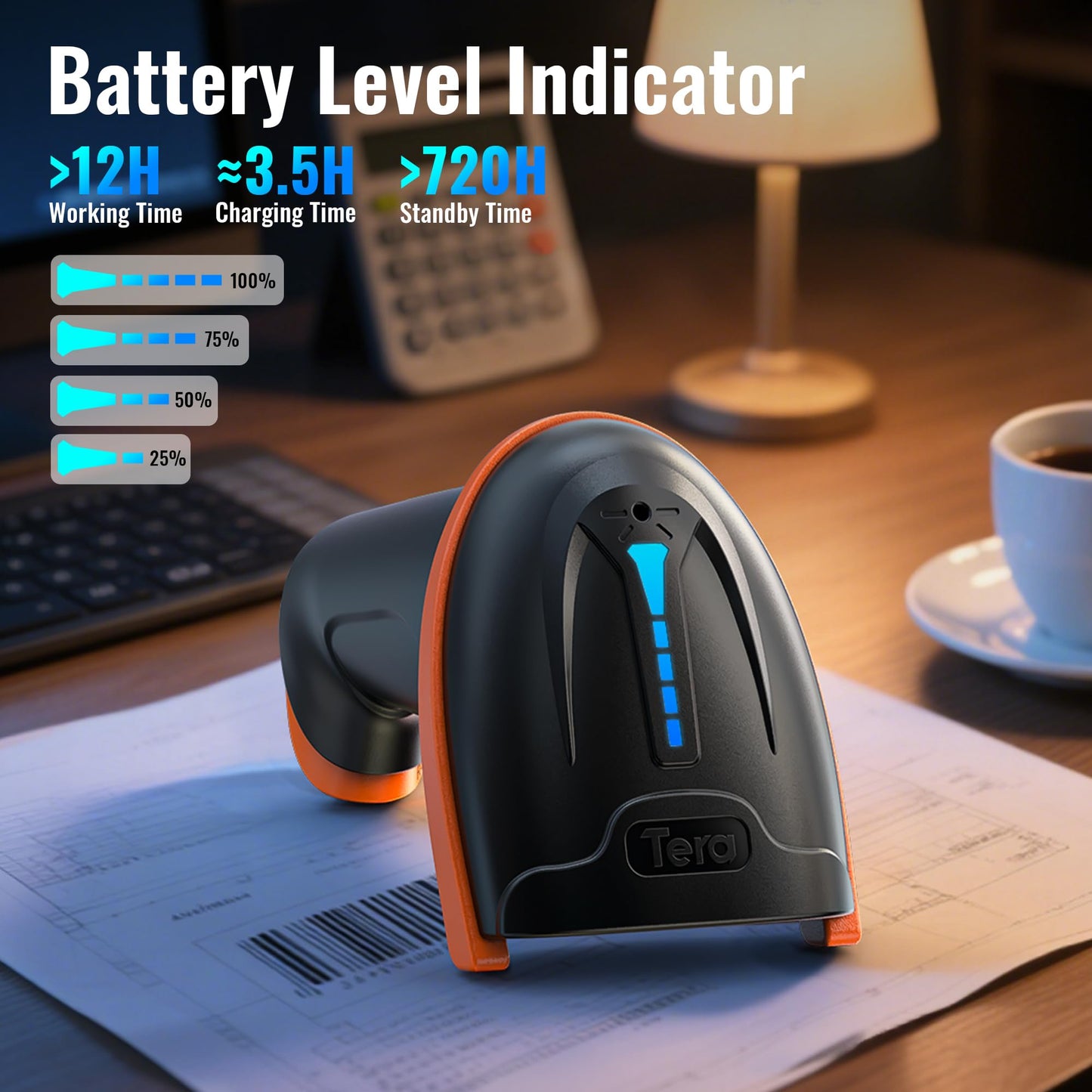 Tera 1D 2D QR Barcode Scanner Wireless and Wired with Battery Level Indicator Digital Printed Bar Code Reader Cordless Handheld Barcode Scanner Compact Plug and Play Model D5100