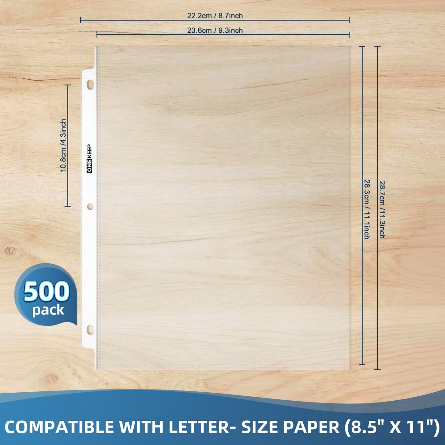 ONEKEEP 500 Pack Sheet Protectors, Top Loading Reinforced 3-Hole Page Protectors for 3-Ring Binders, Fits 8.5" x 11" Letter Size Paper – Perfect for Documents & Photos, Back to School Office Supplies
