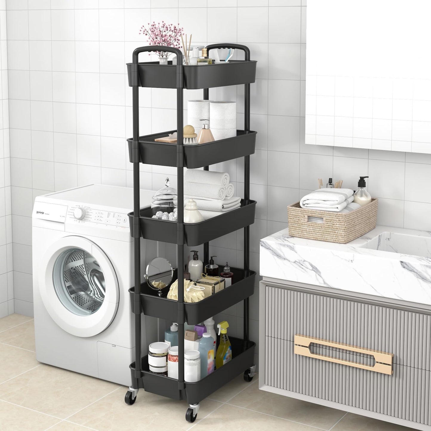 Sywhitta 5-Tier Plastic Rolling Utility Cart with Handle, Multi-Functional Storage Trolley for Office, Living Room, Kitchen, Movable Storage Organizer with Wheels, Black