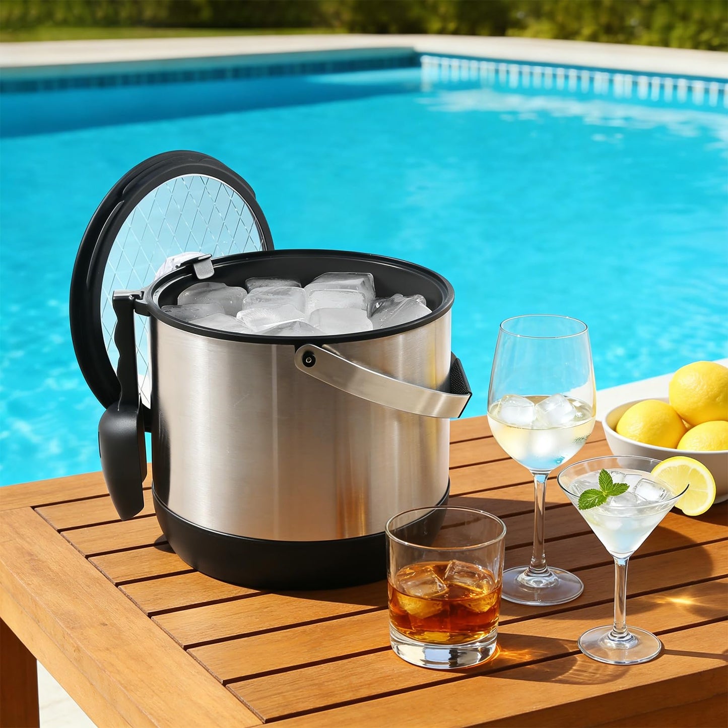 FiveHome 5QT/4.8L Insulated Ice Bucket for Parties, Large Capacity Double-Wall Beverage Bucket with Scoop & Lid for Champagne, Wine, Cocktail (Black)