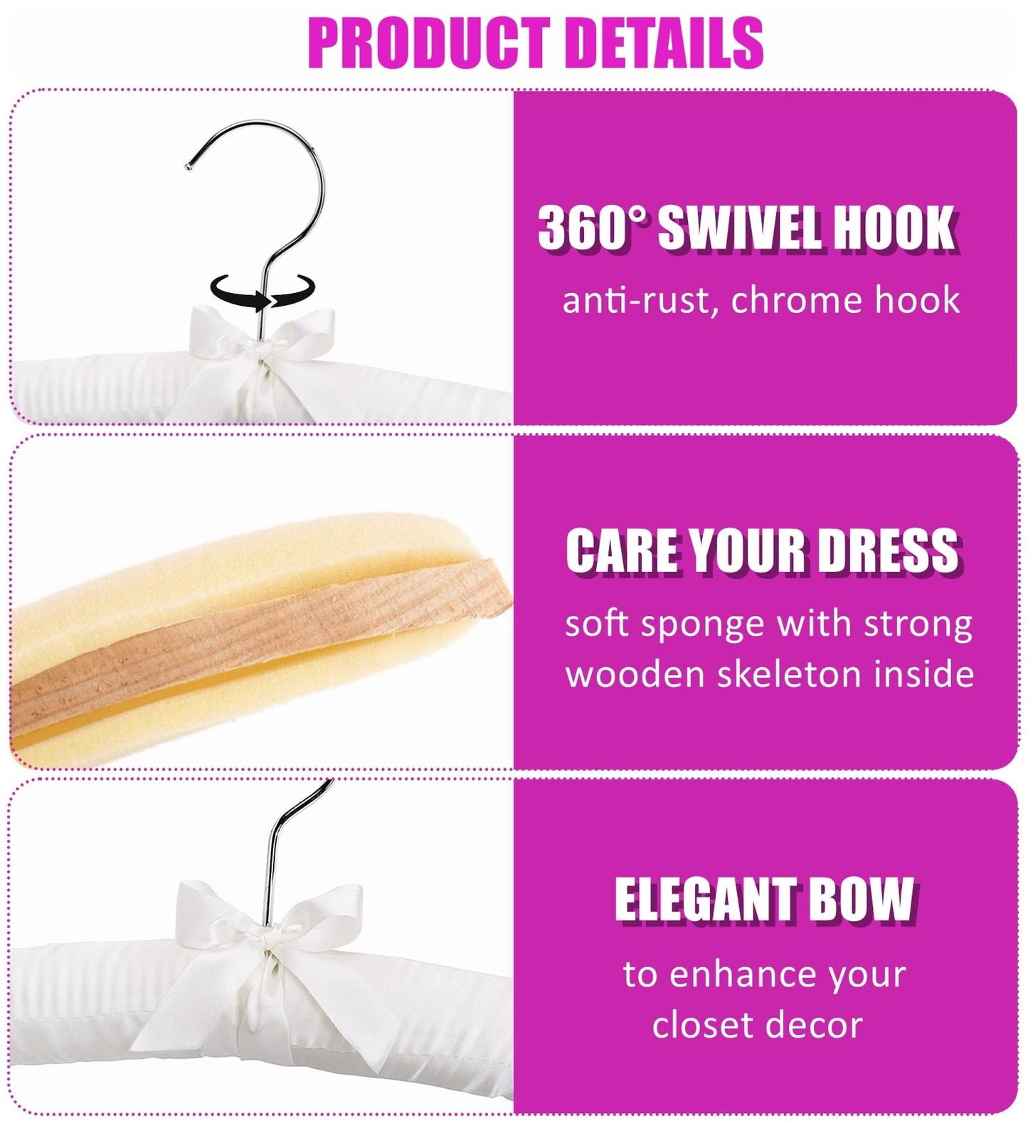 Amber Home 10 Pack Large Ivory Satin Padded Hangers, 17" Non-Slip Cushioned Hangers for Sweaters, Silk Dress, Wedding Dress, Bridal Gown, Cashmere