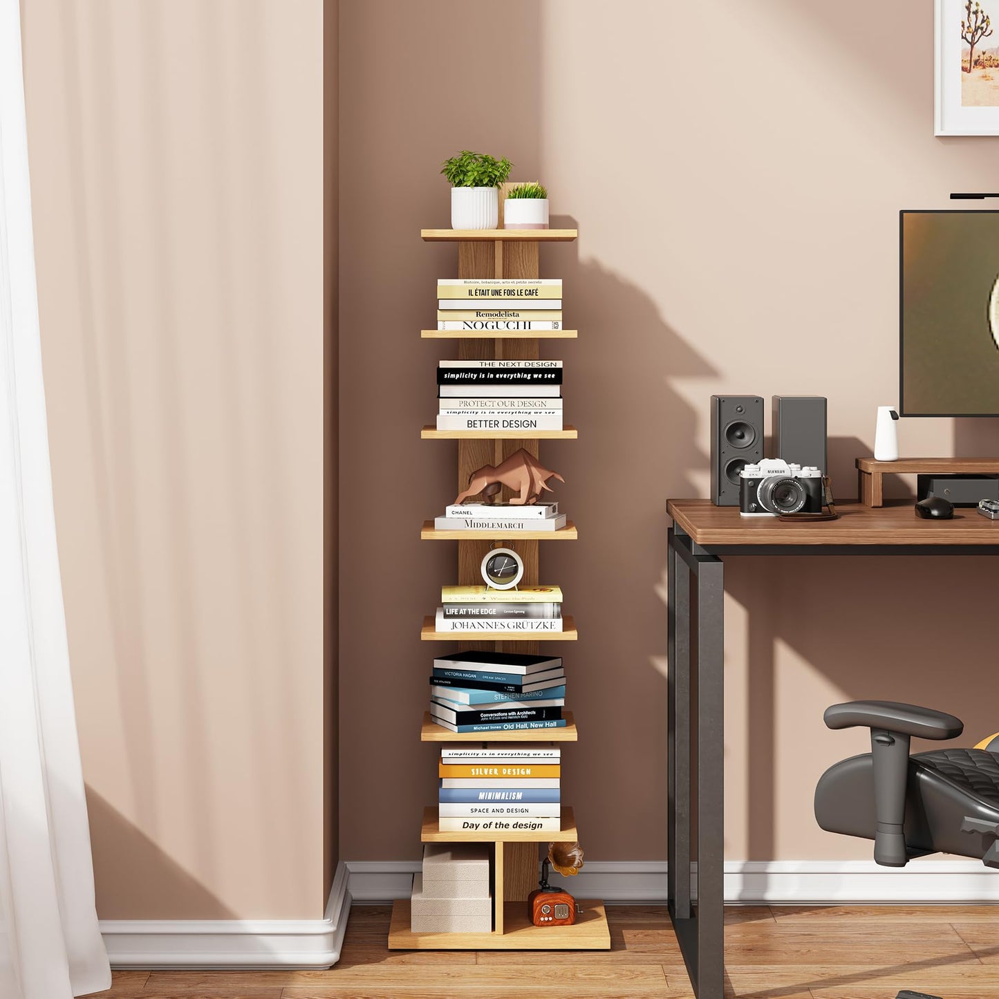 TUTOTAK Narrow Bookshelf, 8-Tier Bookcase, Spine Book Shelf for Small Space, Corner Standing Shelf for Living Room, Office, Study, Entryway, Natural BS06BN008
