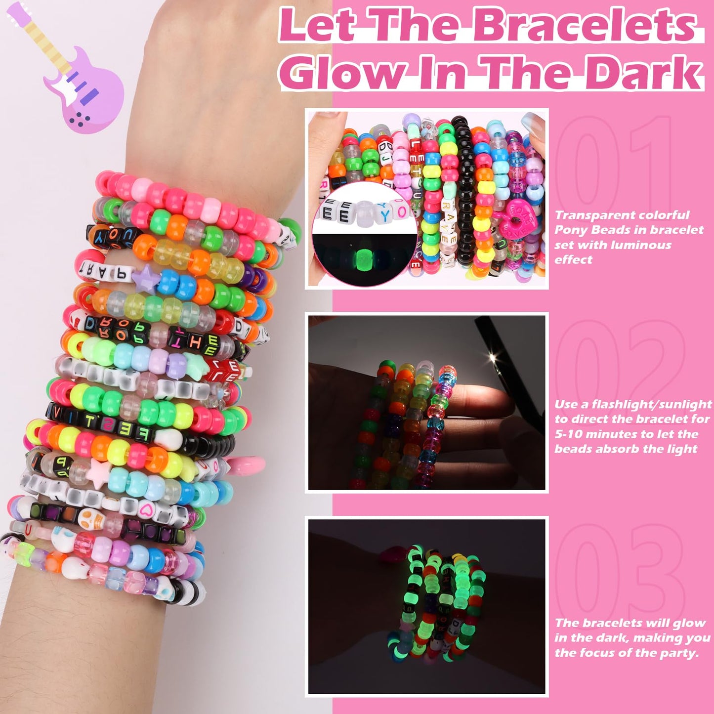 SMAODSGN 32Pcs Music Party Bracelets Set Glow In The Dark EDM Music Stretch Bracelets Multi Color Beaded Cuff Music Party Favor for Women Men Friends EDM Festival