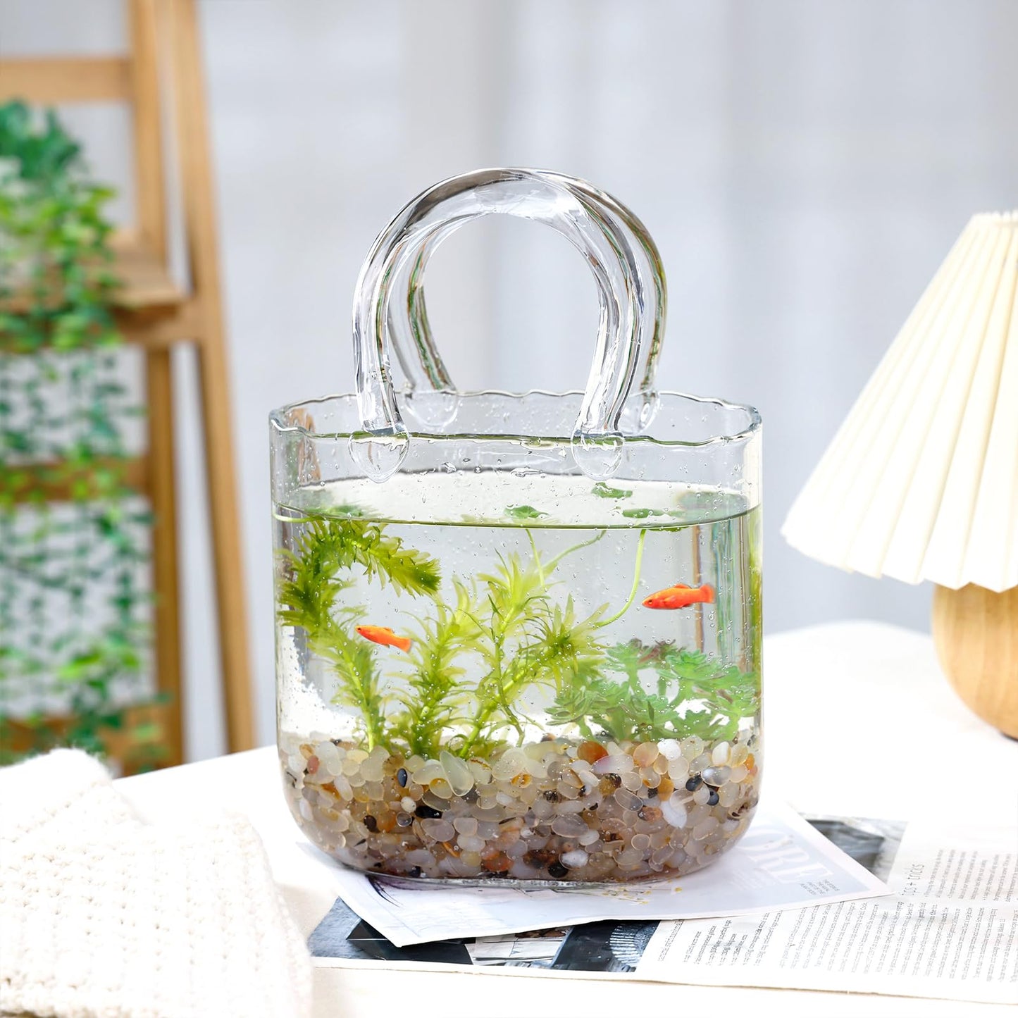 Fixwal Glass Purse Vase for Flowers, Clear Bag Vases with Handle, Unique Cute Handbag Shape Decorative Flower Vases with Fish Bowl for Centerpieces Home Table Shelf Decor Birthday