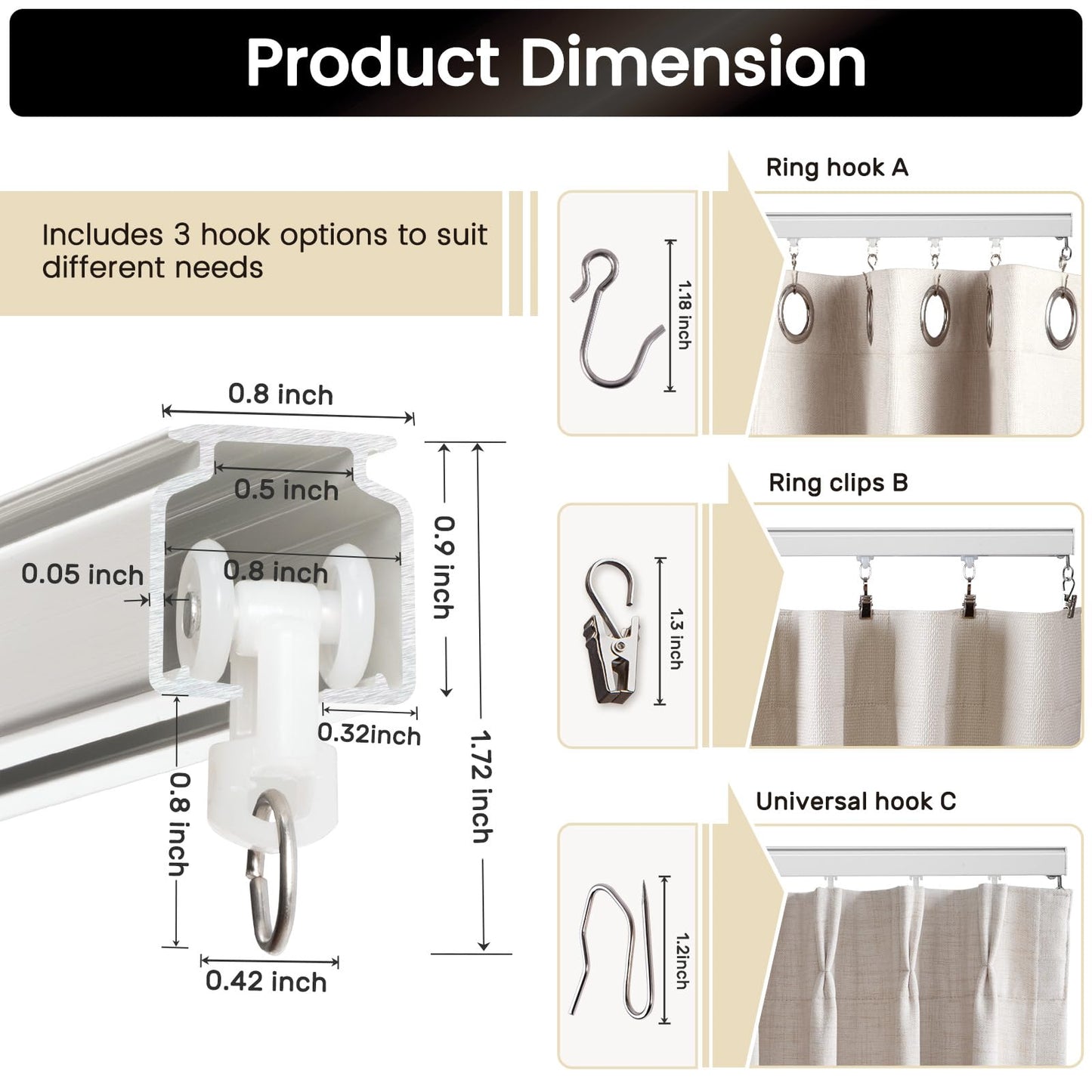 Aluminum 9 ft–12 ft Ceiling Curtain Track Set with 3 Types of Hooks, Adjustable Ceiling/Wall Mount Room Divider Curtain Rail System for Living Room, Bedroom, White