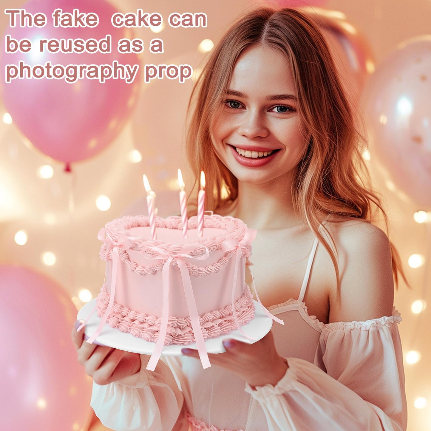 Remerry 6 Inch Bow Fake Cake Coquettish Birthday Fake Cake Decor Wedding Dessert Props Artificial Heart Dessert for Props Women Birthday Gift(Pink,Heart)