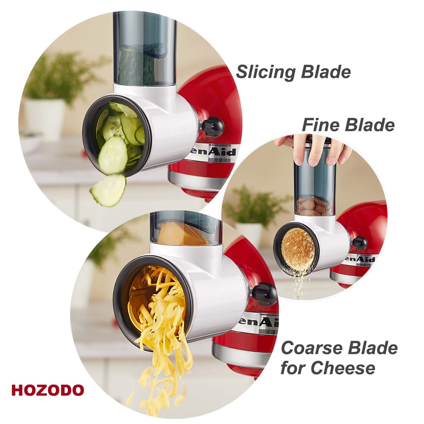 Slicer Shredder Attachment for KitchenAid Stand Mixer, Cheese Grater Attachment for KitchenAid Stand Mixer, Food Processor with 3 Blades by HOZODO