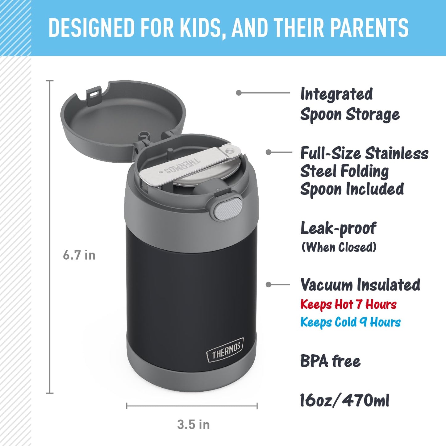 THERMOS FUNTAINER Insulated Food Jar, 16 Ounce, Kid Friendly Thermos Food Jar with Foldable Spoon, Matte Charcoal