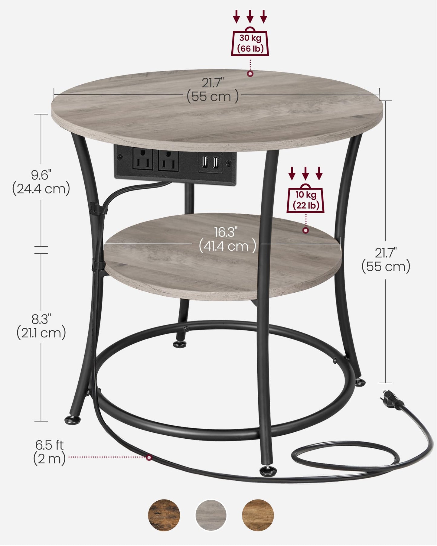 VASAGLE 21.7-Inch Round Side Table, 2-Tier End Table with Power Outlets, Nightstand with Steel Frame, Spacious Top, for Small Spaces, Living Room, Bedroom, Heather Greige and Ink Black ULET077L01