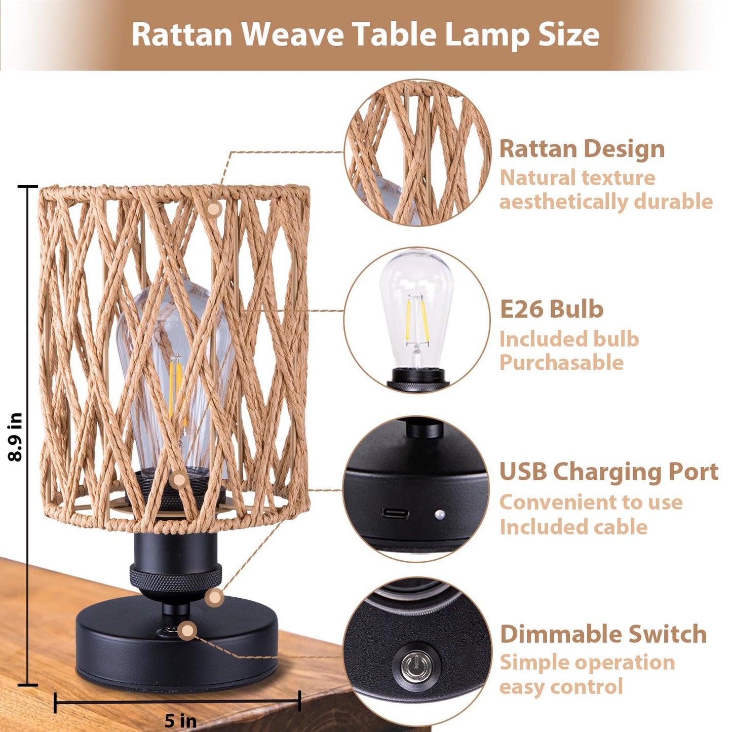 ALL FORTUNE Cordless Outdoor Table Lamps, Small Rattan Boho, Rechargeable Battery Operated for Outdoor Patio, Home, Living Room, Bedroom, Bedside - Set of 2 (Beige-A)