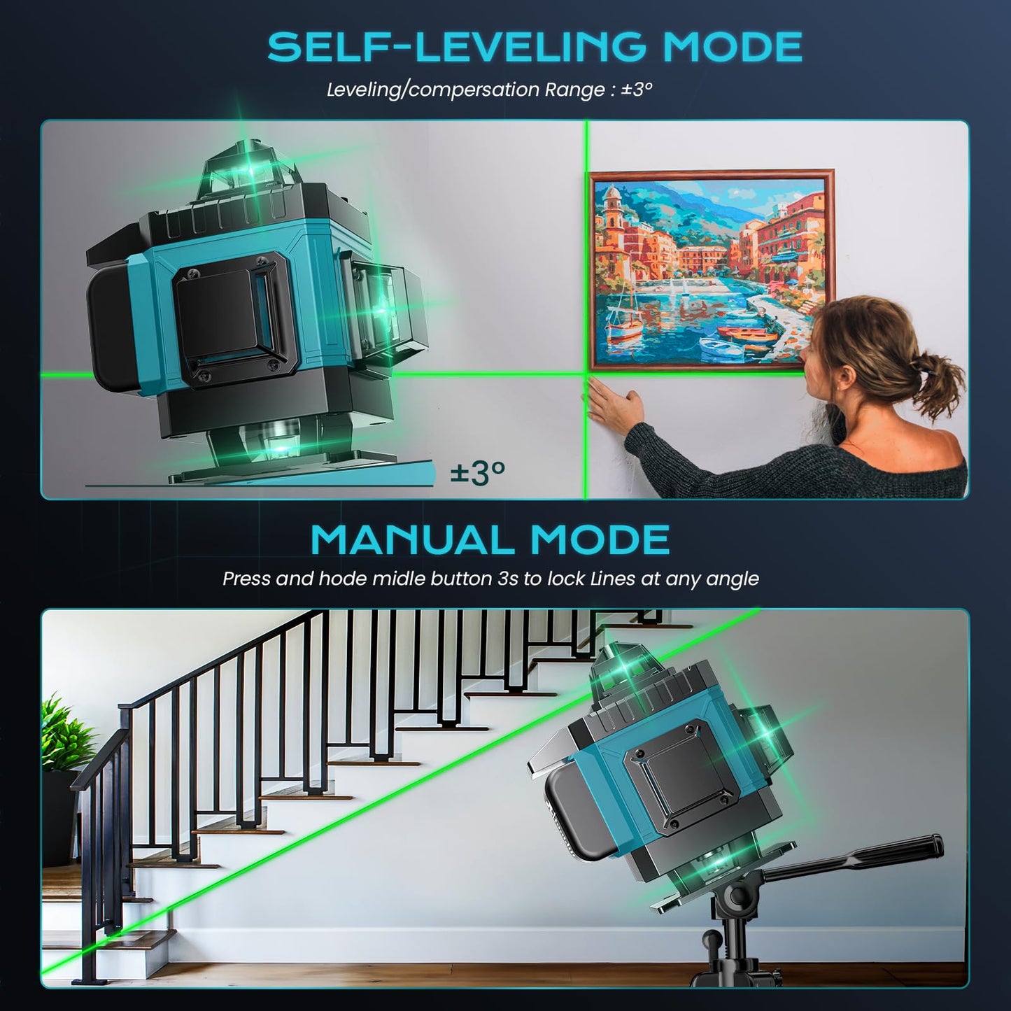 16 Line Laser Level 360 Self Leveling, 4x360°Professional 4D Green Cross Line laser Level with 2 Batteries, Adjustable Brightness & Remote Control, for Tiling Floor Construction and Picture Hanging