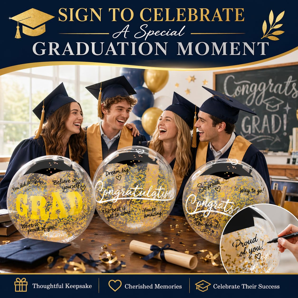 Graduation Inflatable Pool Party Decorations - 12Pcs Grad 2026 Letters 20 x 15 in Gold Pool Float & Graduation Beach Balls Congrats Sign & Grad Cap Inflatable for Class of 2026 Glitter Party Supplies