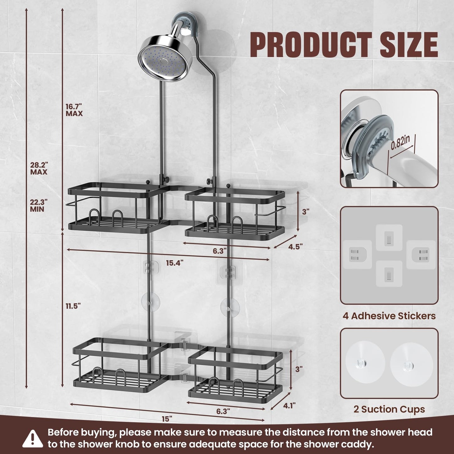 REINHARDT Adjustable Shower Caddy Hanging Rustproof Shower Caddy for Handheld Showerheads, Shower Organizer with Hooks Soap Holder Toothbrush Holder, Anti-Swing Shower Rack Bathroom Accessories, Black