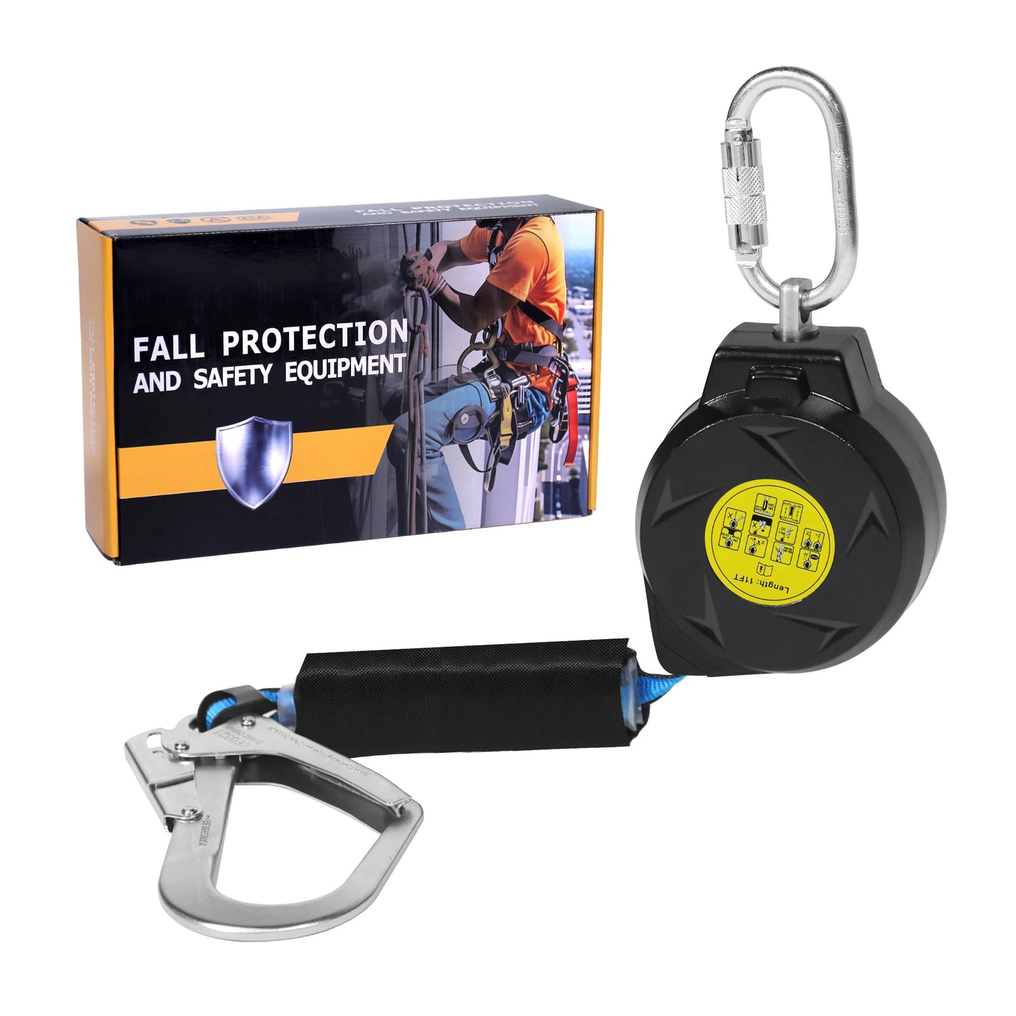 11FT Self Retracting Lifeline Fall Protection Retractable Lanyard, Fall Arrest Safety Yoyo for Construction Industrial - OSHA/ANSI Compliant (Large Hook)