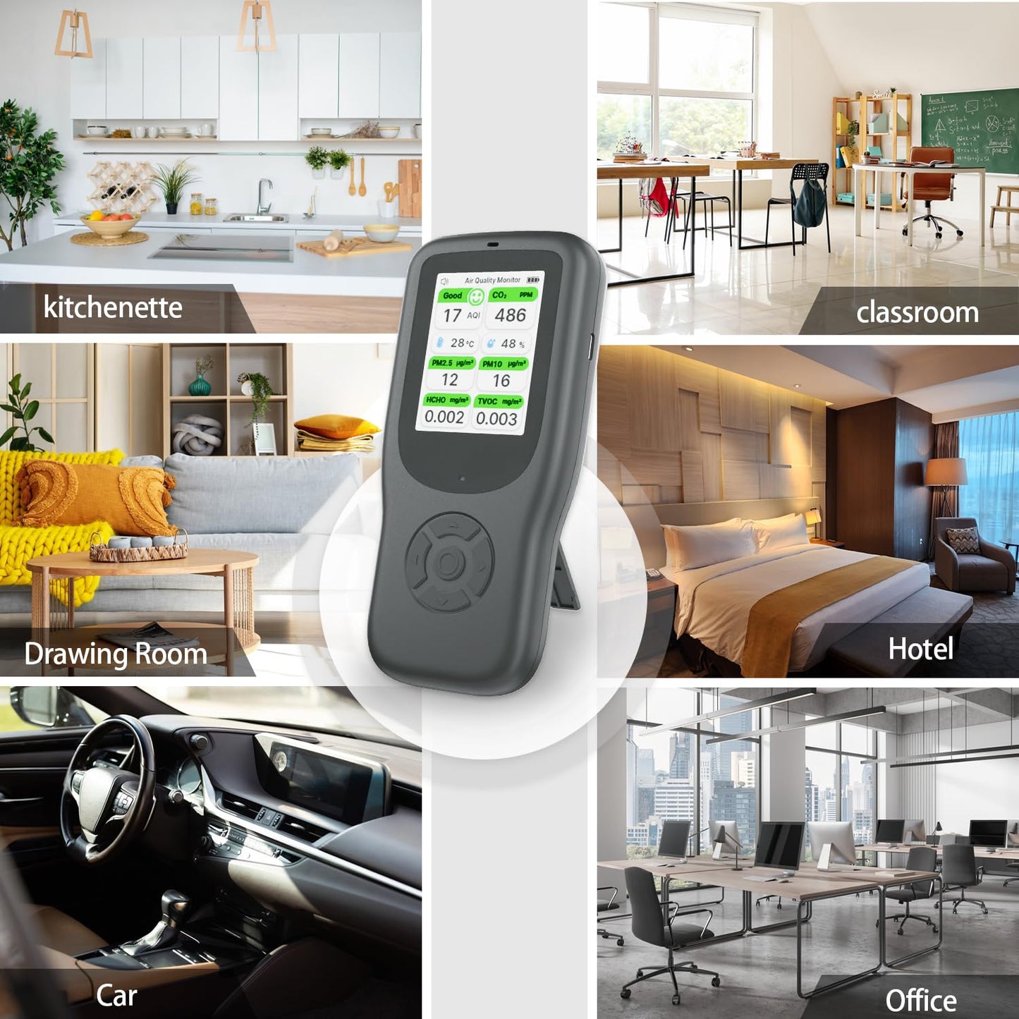 11-in-1 Air Quality Monitor - Portable Indoor Air Quality Detector with Stand, Real-Time Test for AQI, CO2, PM2.5, PM1.0, PM10, TVOC, HCHO, Particles, Temperature & Humidity with Aler (Black-White)