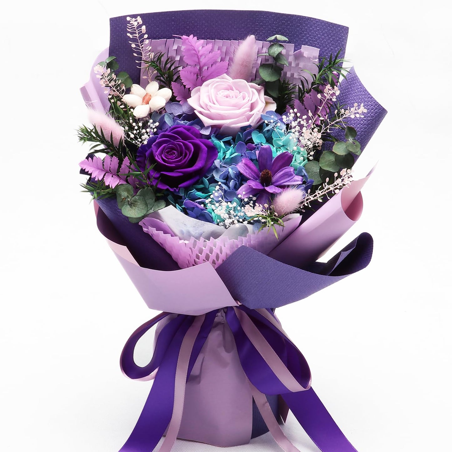 iLovDesign Preserved Flowers Bouquet, Long Lasting Floral Arrangement with Gift Box, Ideal for Mom, Wife, Women & Friends (Deep Purple)