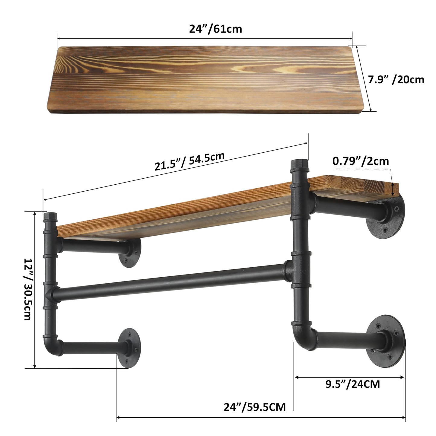 WEBI Wall Mounted Clothes Rack with Shelf,24" Industrial Pipe Clothing Rack with Shelves,Heavy Duty Iron Garment Bar,Retail Display Clothes Rod for Laundry Room,Black
