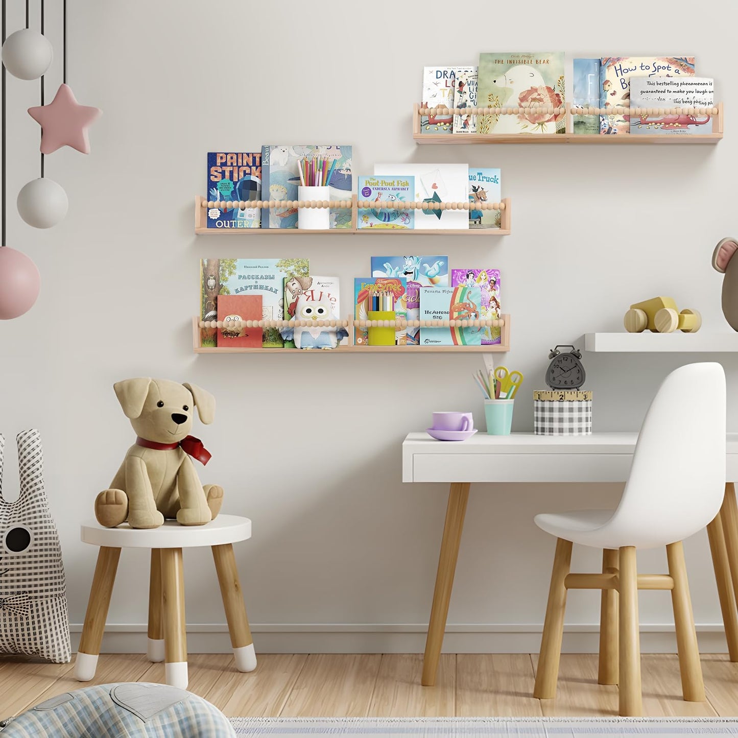 birola Nursery Book Shelves for Kids Rooms - 32 Inches Wall Book Shelves Set of 3, Space-Saving Nursery Shelves with Beads Design for Kids Room, Bedroom and Study Room(Natural)