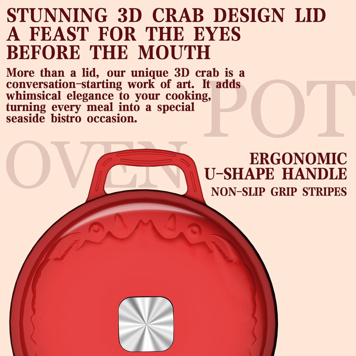 DUTZUN Enameled Cast Iron Dutch Oven - 5 Quart, Exclusive Designed Crab Lid (Patent Pending), Oversized Knob, for Bread Baking Braiser, Cooking Stock Pot - Red