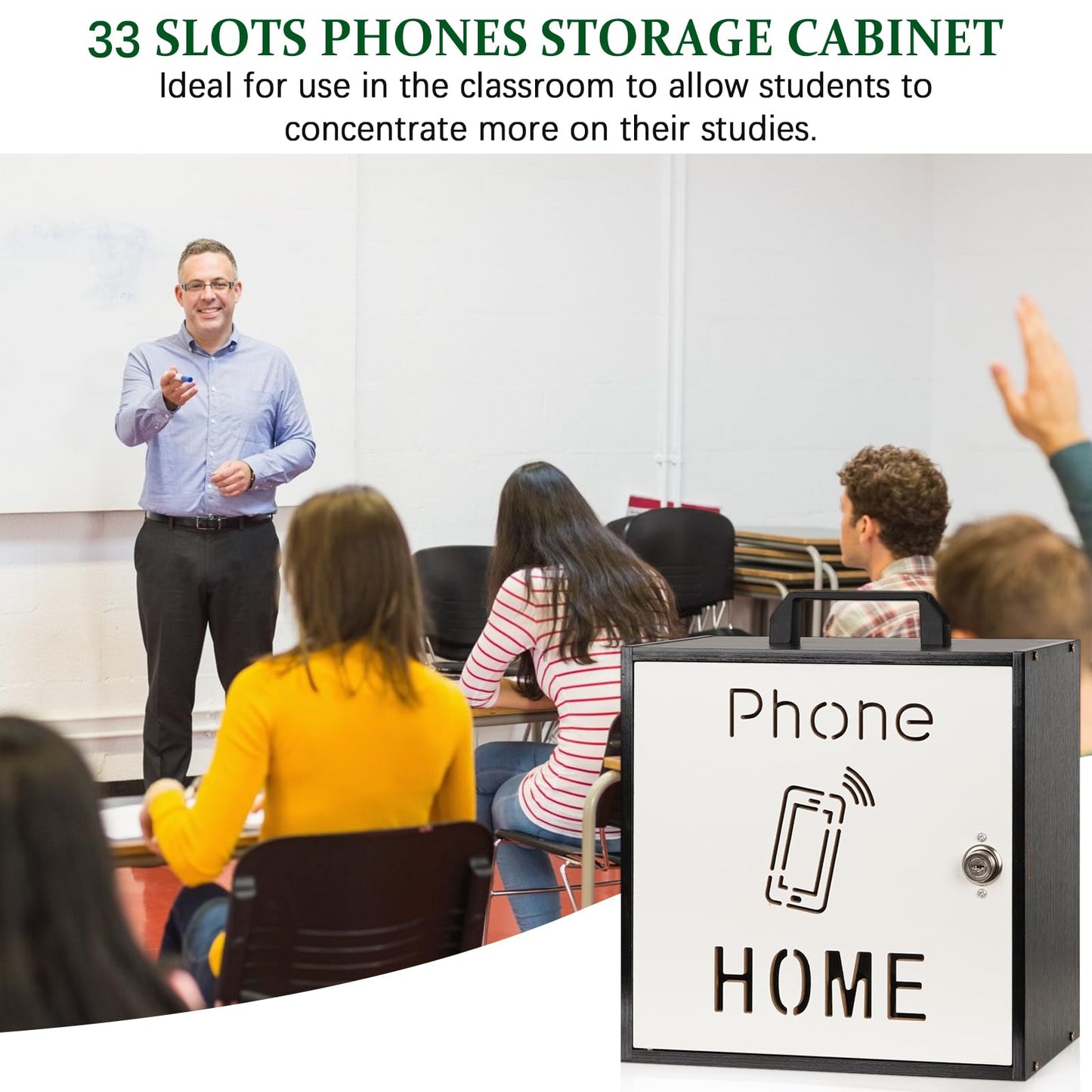 Echaprey Cell Phone Holder Classroom Adjustable 33 Slots Pocket Chart Wooden Cell Phone Storage Cabinet with Handle and Lock Desktop Cell Phone Holder for Classroom Office (Black)
