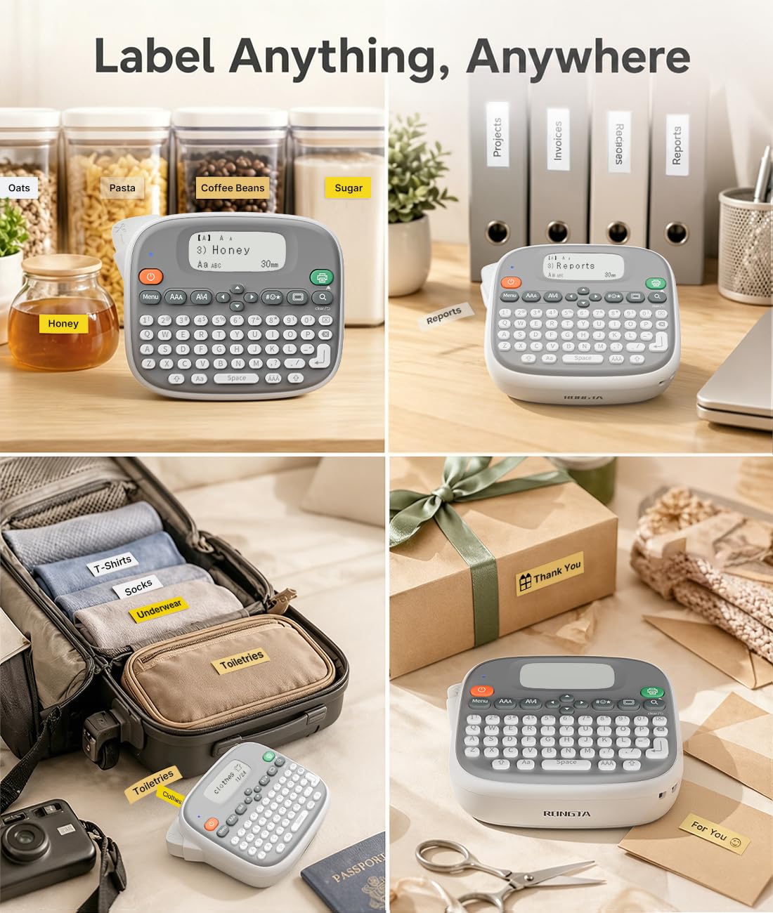Rongta Label Maker Machine with Tape, Label Maker Waterproof with QWERTY Keyboard, TM95 12mm Portable Labeler for Home Organization, Office or School Supplier (Label Maker with 1 Tape, White)