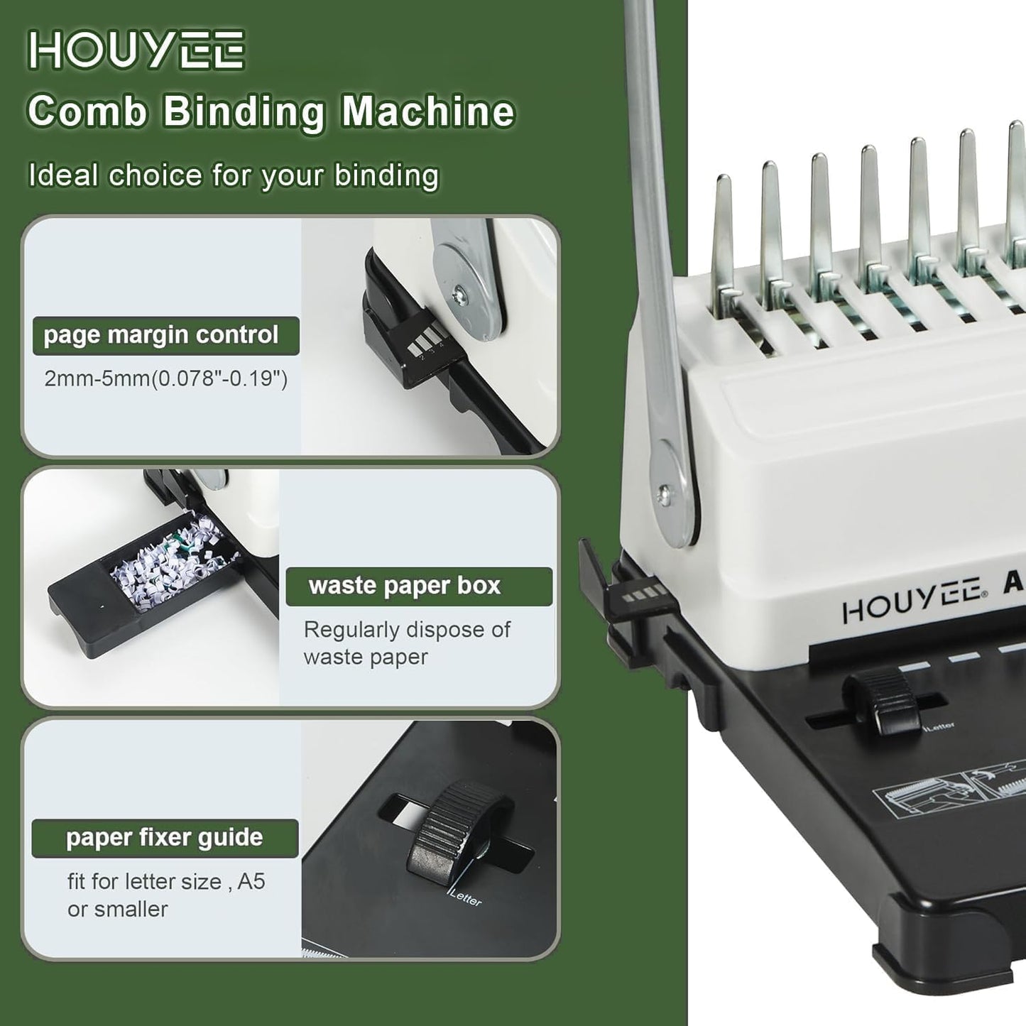 HOUYEE Binding Machine, 19 Holes, 450 Sheets, Comb Binding Machines with 50 PCS 1/2" Comb Binding Spines, Comb Binder Machine for Letter Size Paper，Adjustable Margin