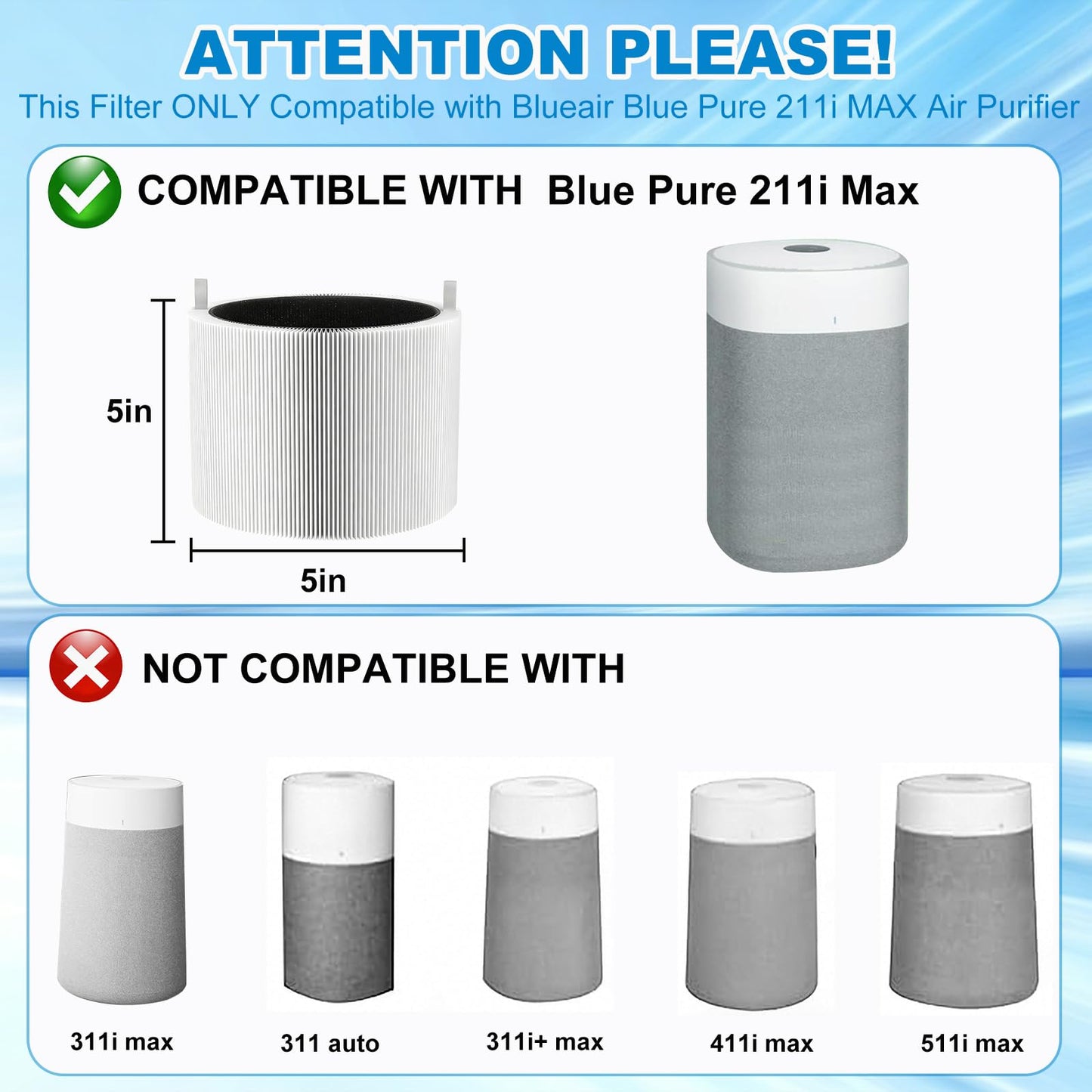 2-Pack 211i Max Replacement Filter Compatible with Blueair 211i Max Air Purifier, True HEPA & Activated Carbon Replacement Filter, Compared to part #F2MAX