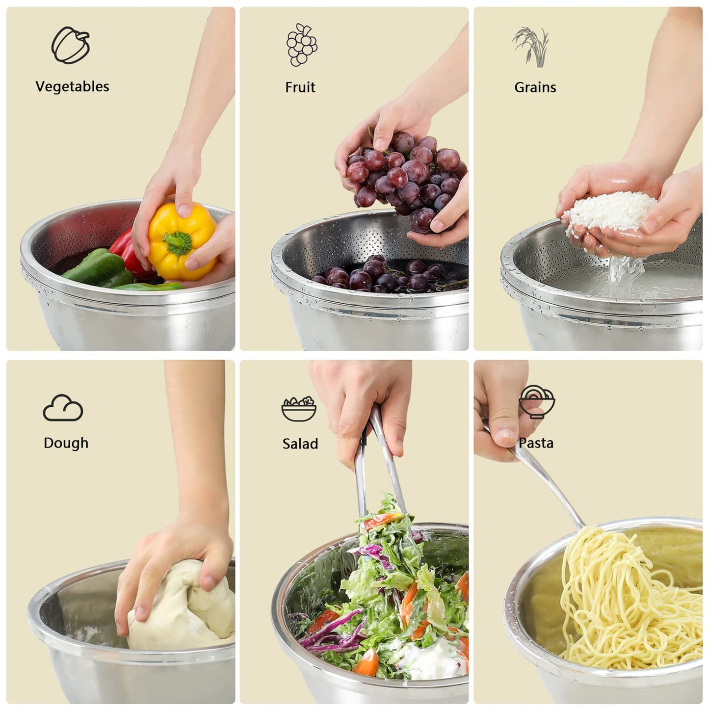 304 Stainless Steel Microporous Colander, 5QT Large Capacity with Mixing Bowl For washing vegetables, fruit and rice and for draining cooked pasta(2PC)