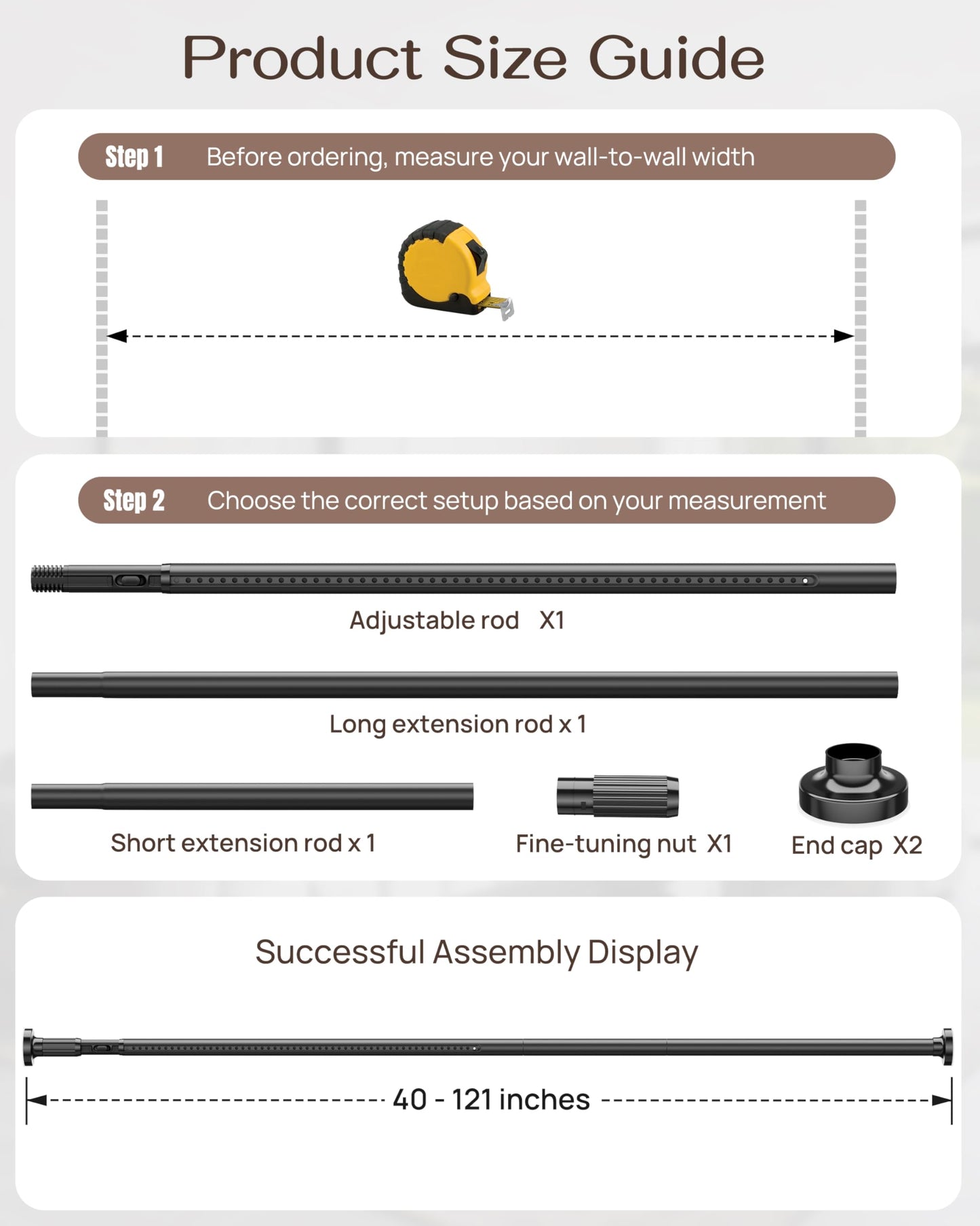 ALLZONE Tension Curtain Rods for Windows 40 to 121 Inches, Extra Long Curtain Rods No Drilling, No-Slip Tension Rod Hold Up to Heavy Drapes, Perfect for Bathroom, Bedroom, Patio & Room Divider, Black