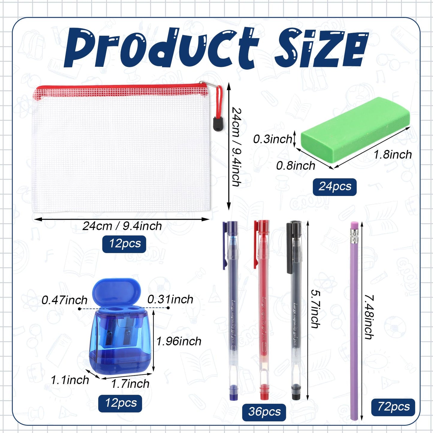 Gilprop 156 Pcs/12 Set Back to School Supplies Kit, Mesh Zipper Pouch Bags with Pencils, Erasers, Sharpeners, Pens – Bulk School Supplies for Classroom & Office Use