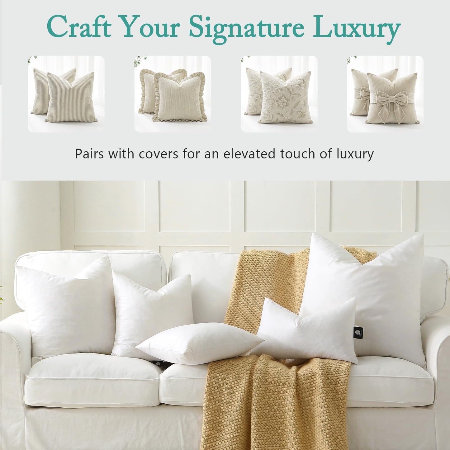 BPC Luxury Feather Down 20x20 Pillow Inserts Set of 2, Soft Fluffy Throw Pillow Inserts, 100% Organic Cotton Cover, Square Pillows for Couch, Living Room, Bed, Sofa
