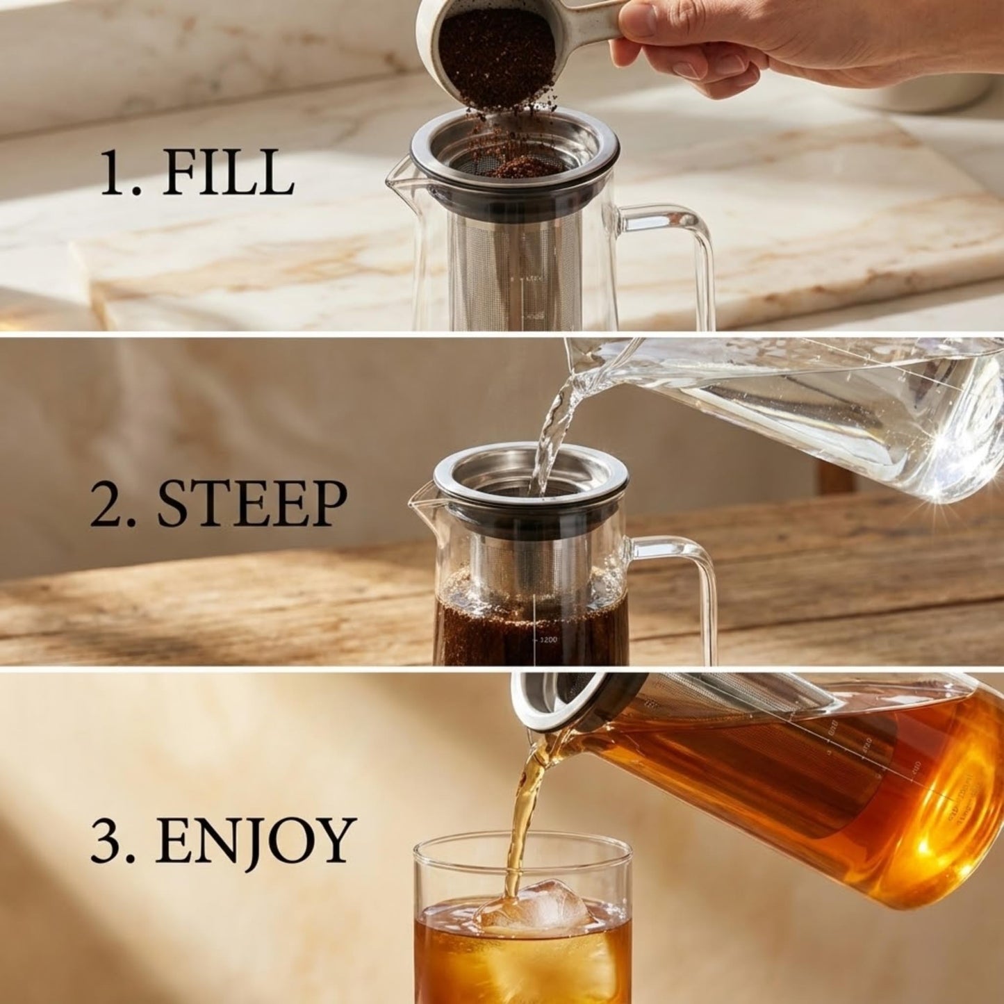GWNF Cold Brew Coffee Maker & Ice Tea Maker, 1.4L/48oz Cold Brew Pither, Borosilicate Glass Carafe with Stainless Steel Filter, Airtight Lid, Dishwasher Safe, Easy to Use | Mannual & Brush Included