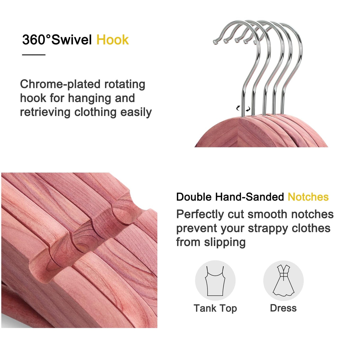 TOPIA HANGER 30-Pack American Red Cedar Wooden Hangers, Clothes Hangers for Closet, Wood Coat Hanger with Smooth Cut Notches, 360° Swivel Hook, Non-Slip Pants Bar-CT54C30