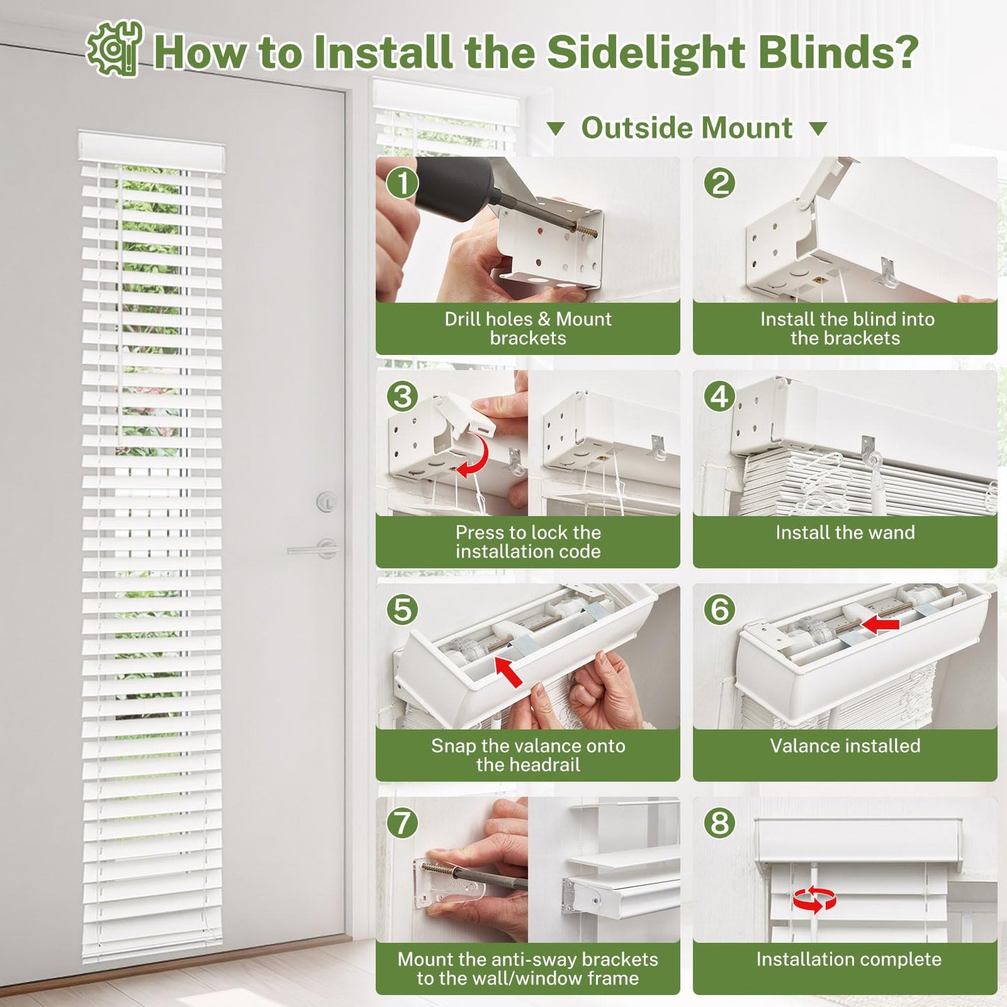 MiLin Cordless Sidelight Door Blinds 10"x 72" Horizontal Window Mini Blinds Faux Wood White Adjustable Tilt Wand Smooth, Privacy, Room Darkening Perfect for Sidelights & Front Door Entries 1 Pack
