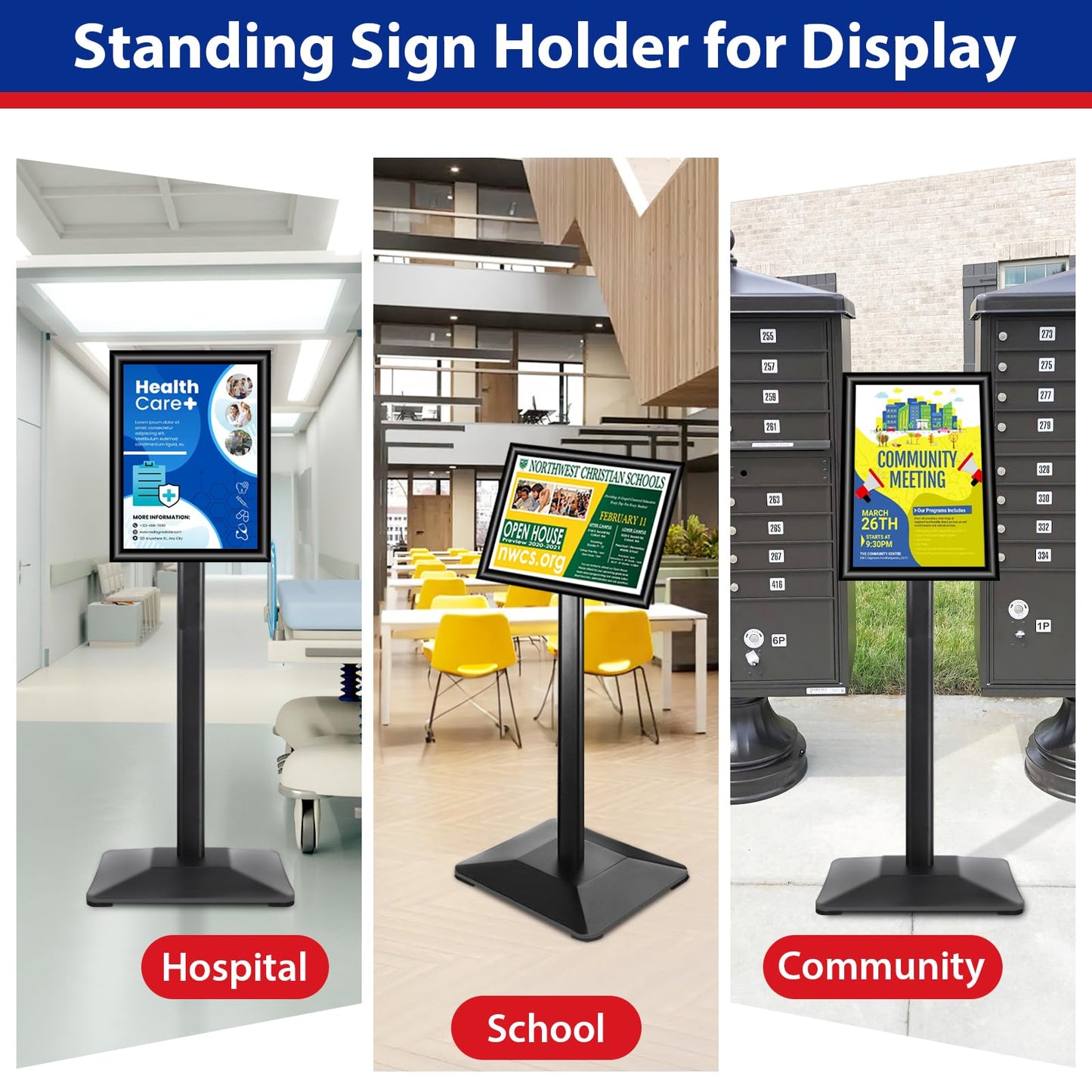 VAIIGO Pedestal Sign holder Stand 8.5x11inch Adjustable Standing Floor Sign Stand with Heavy Base & Snap Frame Display Stand for Indoor Outdoor Business Store Sign Holder Poster Stand (Black)