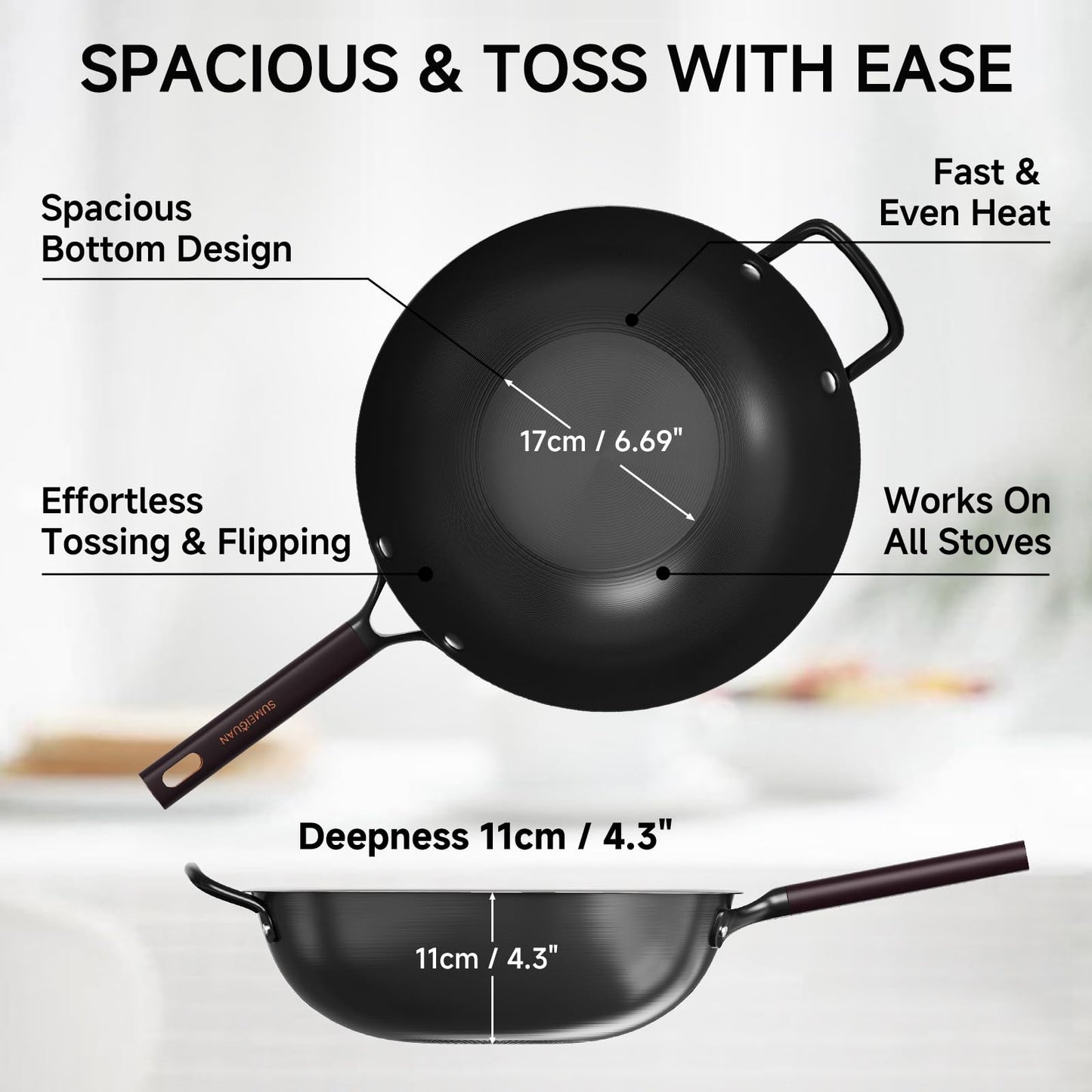 SUMEIGUAN 13.5" Carbon Steel Wok Pan - Pre-Seasoned Flat Bottom Woks & Stir-fry Pans Chinese Cookware with Lid & Spatula - For Pan-fry,Stir Fry, Steam, BBQ & Camping - Compatible with Induction, Gas